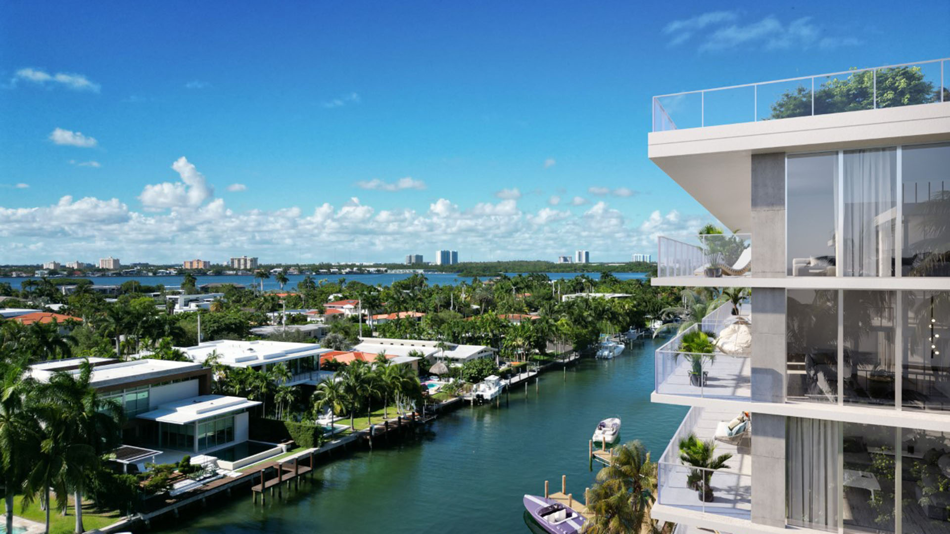 Origin Residences Bay Harbor Islands, Miami, Florida waterfront aerial rendering of luxury and ultra luxury preconstruction condos with glass balconies overlooking the canal and Biscayne Bay skyline.