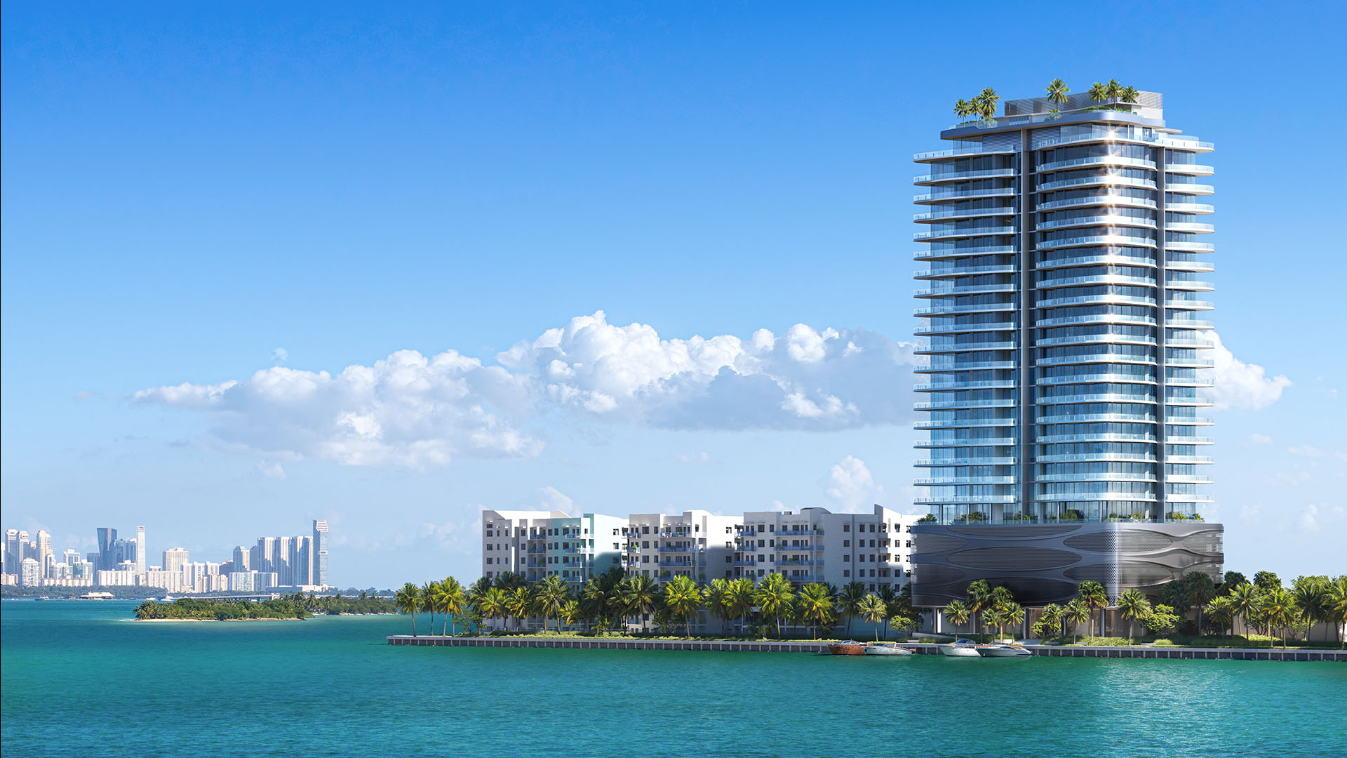 Exterior view of Pagani Residences waterfront condominium tower from Biscayne Bay, North Bay Village, Miami, Florida, with Miami skyline backdrop; luxury and ultra luxury preconstruction condos.