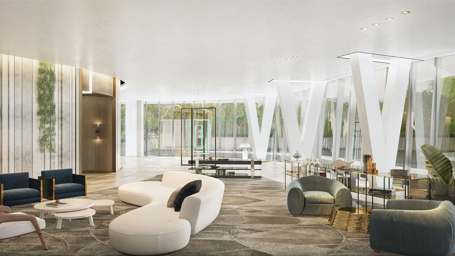 Sculptural white lobby lounge with angled columns, curved seating and glass walls at Park Grove in Coconut Grove, showcasing luxury and ultra luxury condos.
