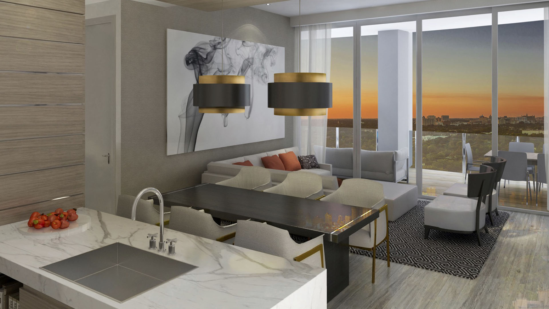 Sunset kitchen, dining and living room with a terrace, marble island and warm skyline glow at Park Grove in Coconut Grove, presenting luxury and ultra luxury condos interiors.