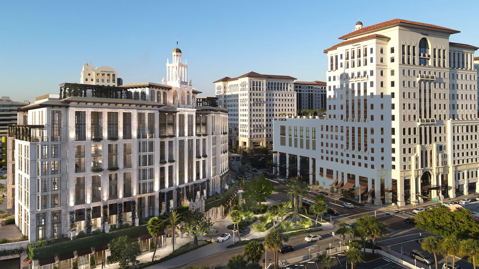 Aerial street view of downtown Coral Gables, Miami featuring Ponce Park Residences among iconic towers, presenting luxury and ultra luxury preconstruction condos in the heart of the neighborhood cityscape.