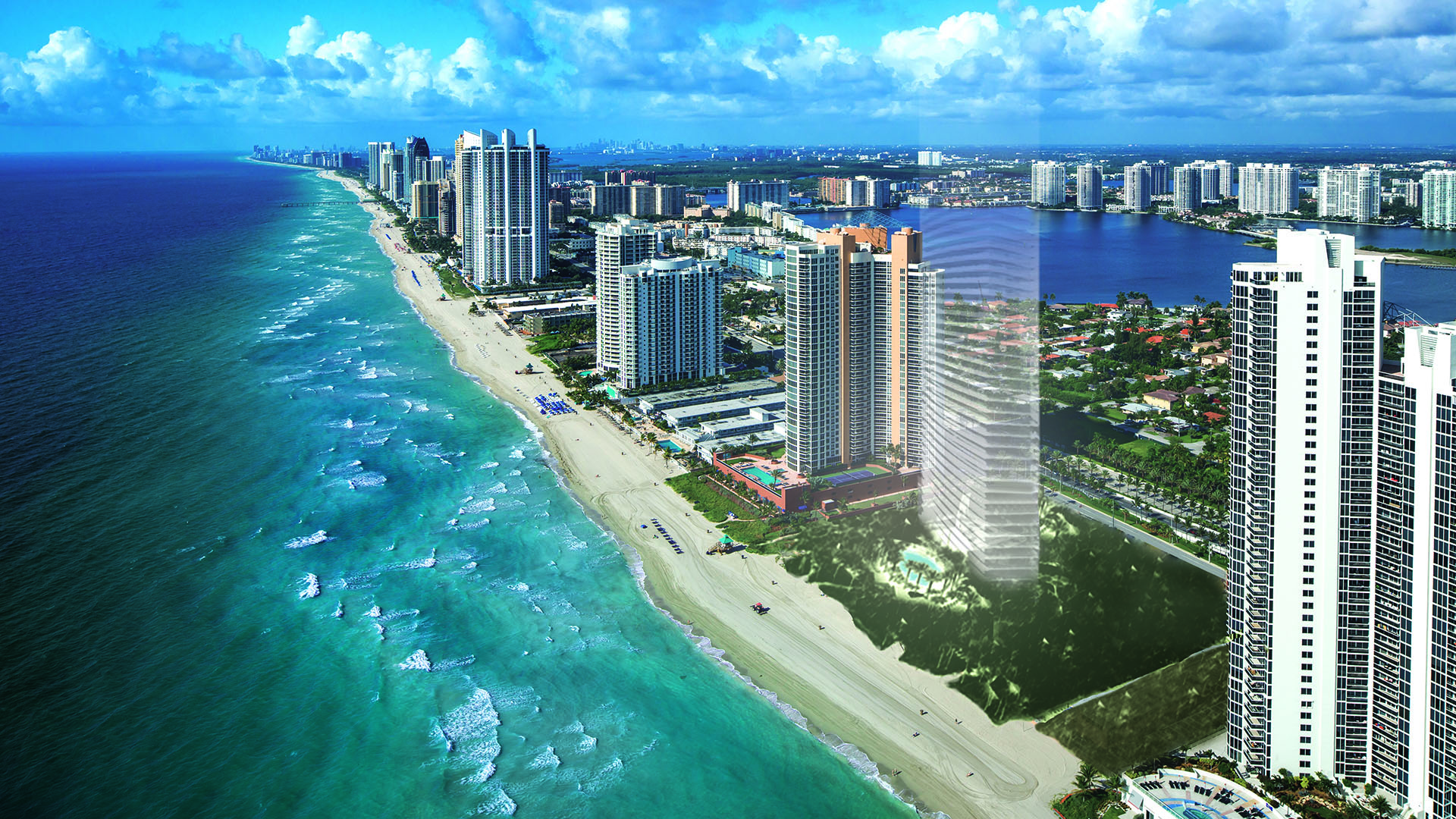Residences by Armani Casa, Sunny Isles Beach luxury and ultra luxury preconstruction condos, aerial waterfront view of the beachfront tower along turquoise shoreline and the surrounding skyline.
