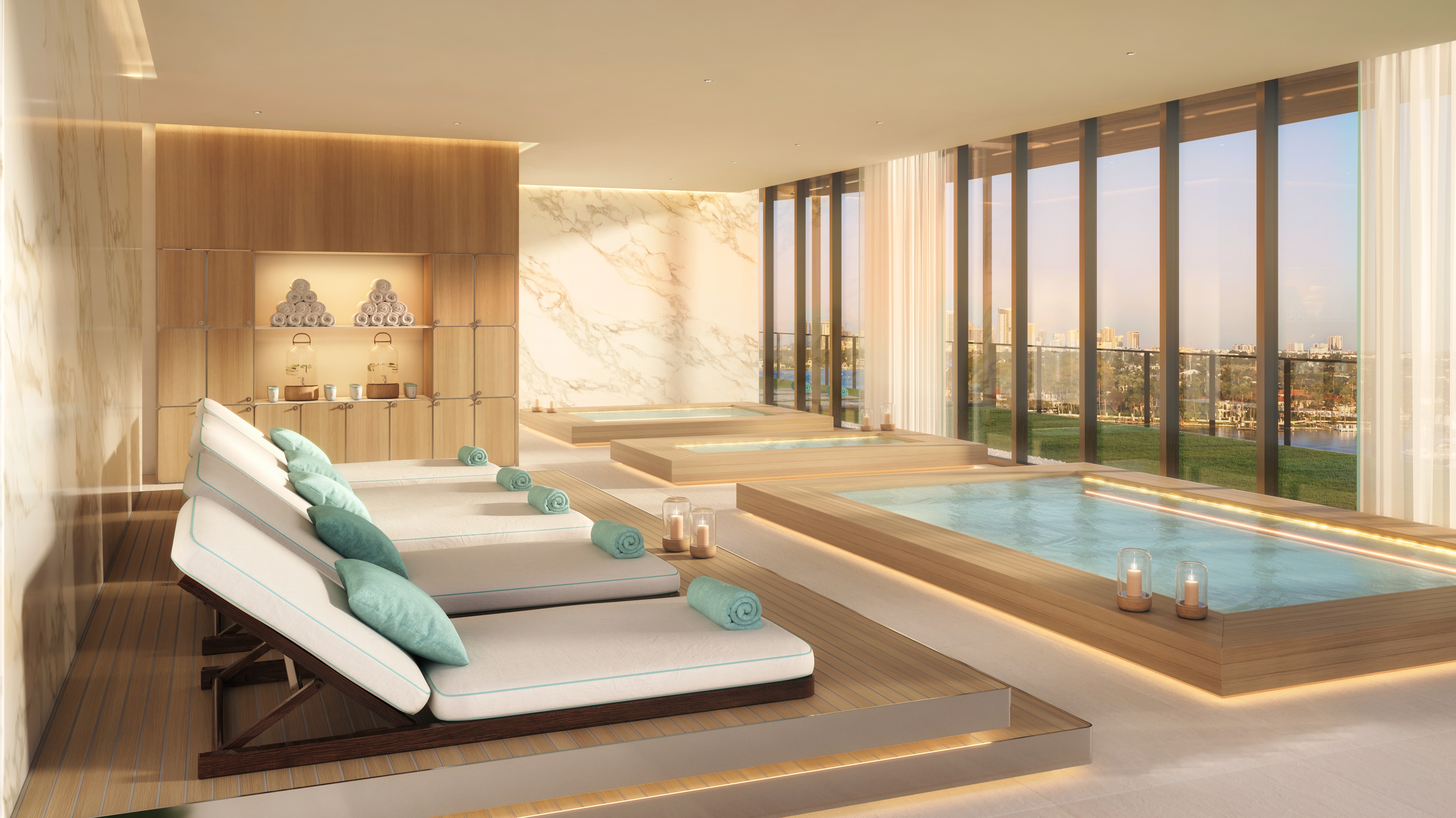 Riva Residenze, Fort Lauderdale spa interior with water views, wellness amenity for luxury and ultra luxury condos; premium resale. Featuring luxurious and view.