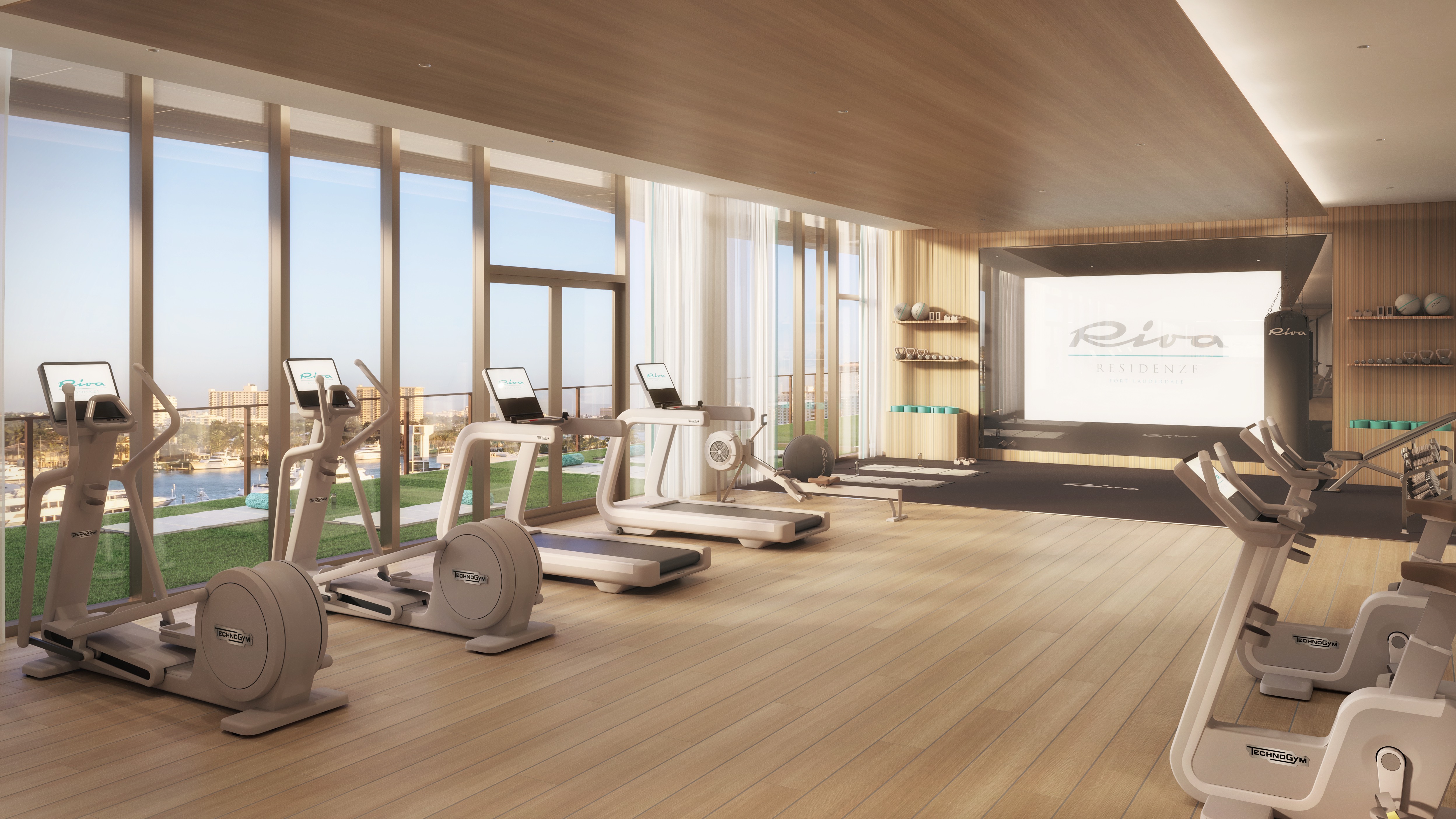Riva Residenze, Fort Lauderdale modern gym with equipment and water views, fitness amenity for luxury and ultra luxury condos; upscale resale. Featuring interior and residence.