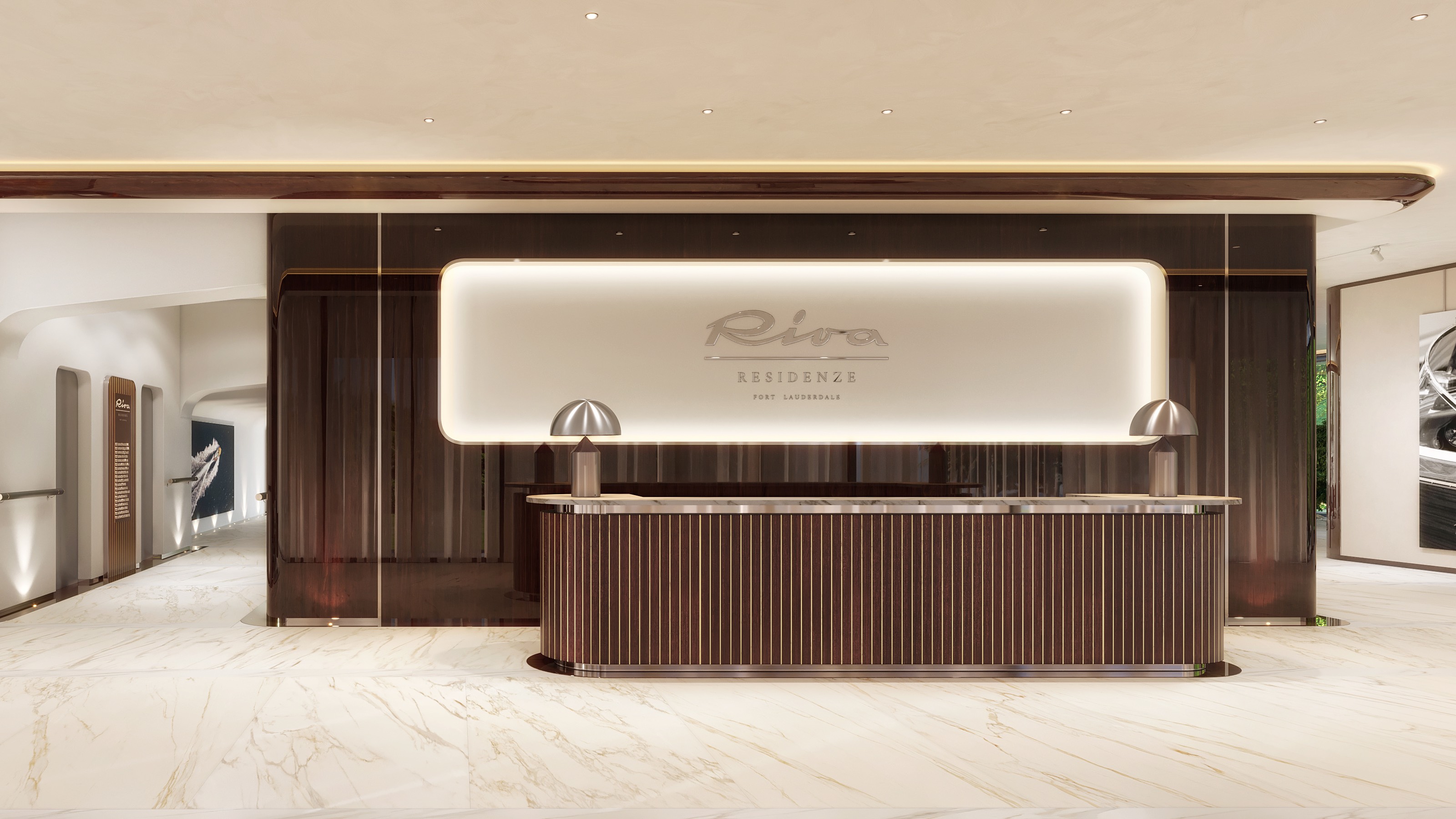 Riva Residenze, Fort Lauderdale reception lobby, waterfront arrival for luxury and ultra luxury condos; established resale community. Featuring residences and port.