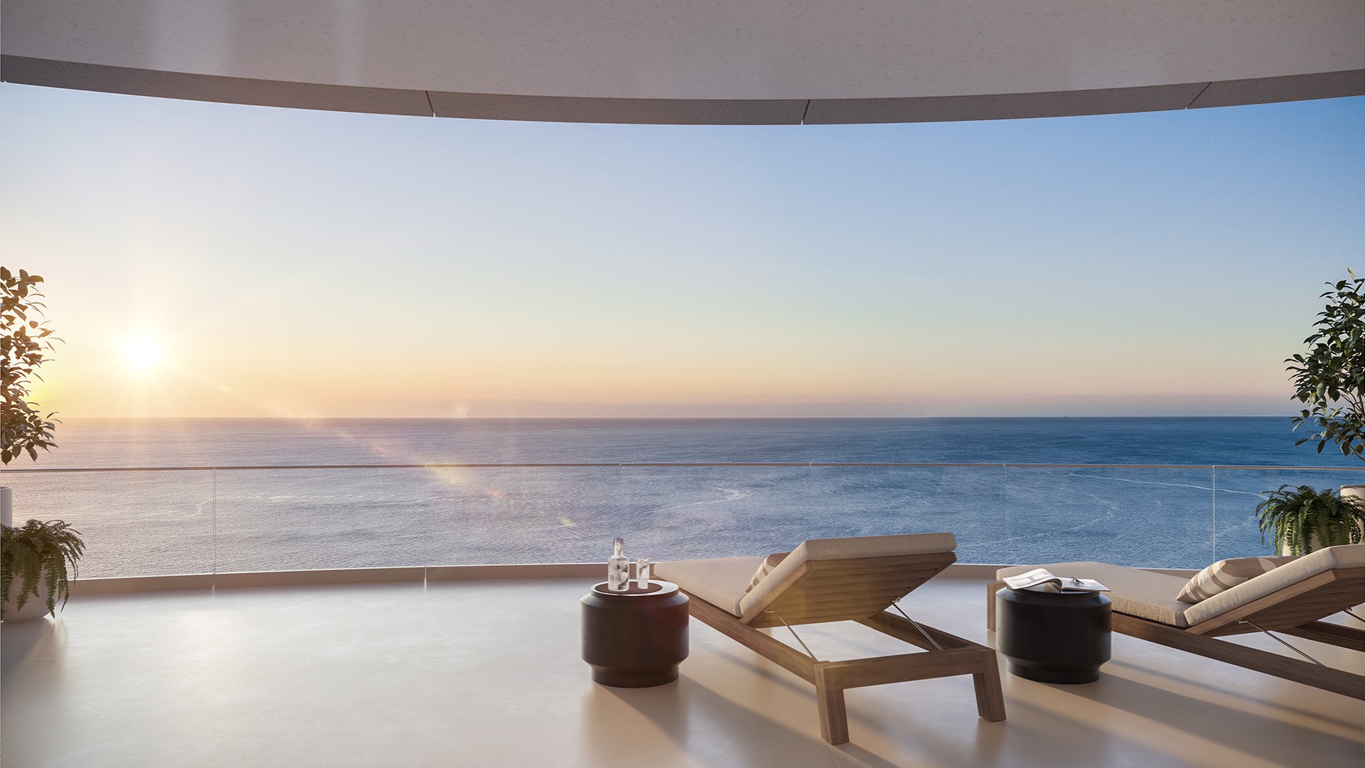 Rivage Bal Harbour, Bal Harbour Miami sunset balcony with ocean view, skyline horizons for luxury and ultra luxury condos; preconstruction.