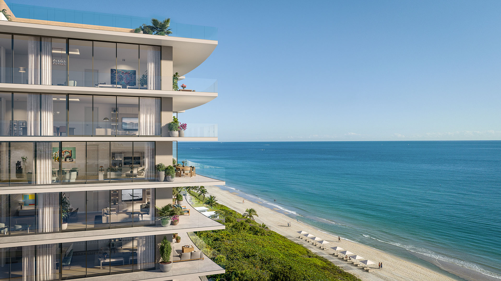 Hummingbird view of Rosewood Residences Hillsboro Beach, Florida, north oceanfront corner balcony with glass wraparound terrace and sweeping Atlantic Ocean, luxury and ultra luxury preconstruction condos.