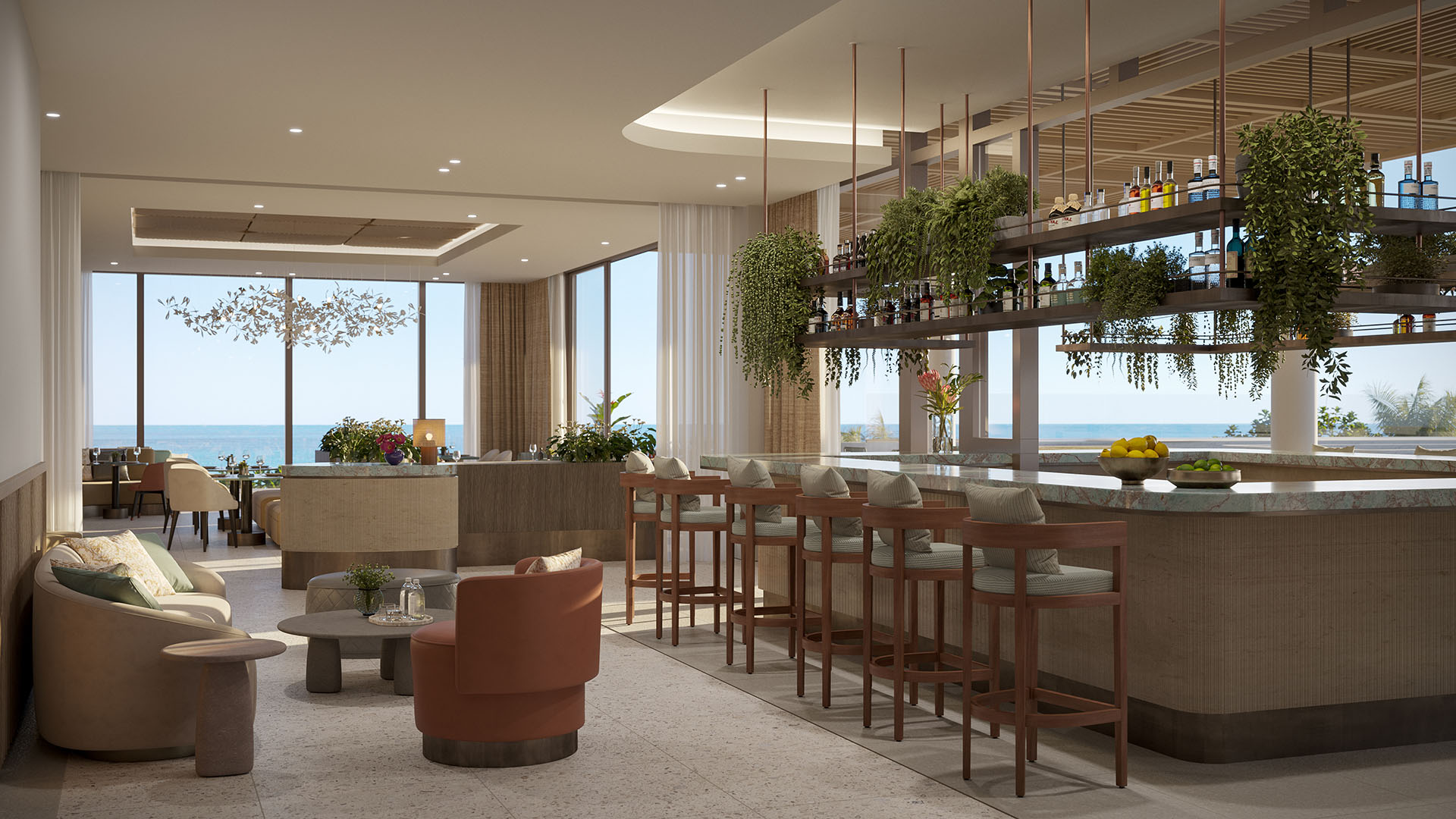 Oceanfront bar lounge interior at Rosewood Residences Hillsboro Beach, Florida, marble counter with hanging bottle shelves and greenery facing the Atlantic Ocean, luxury and ultra luxury preconstruction condos dining.