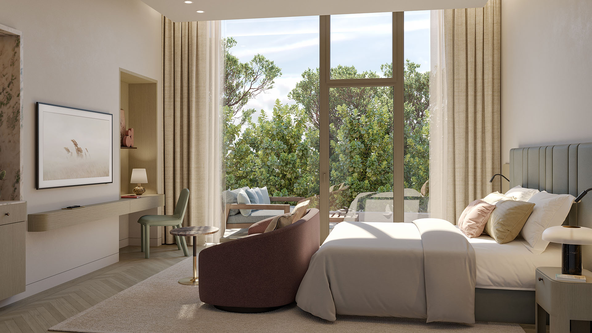 Rosewood Residences Hillsboro Beach, Florida guest suite bedroom with private terrace, warm neutrals and garden views, part of luxury and ultra luxury preconstruction condos residences.