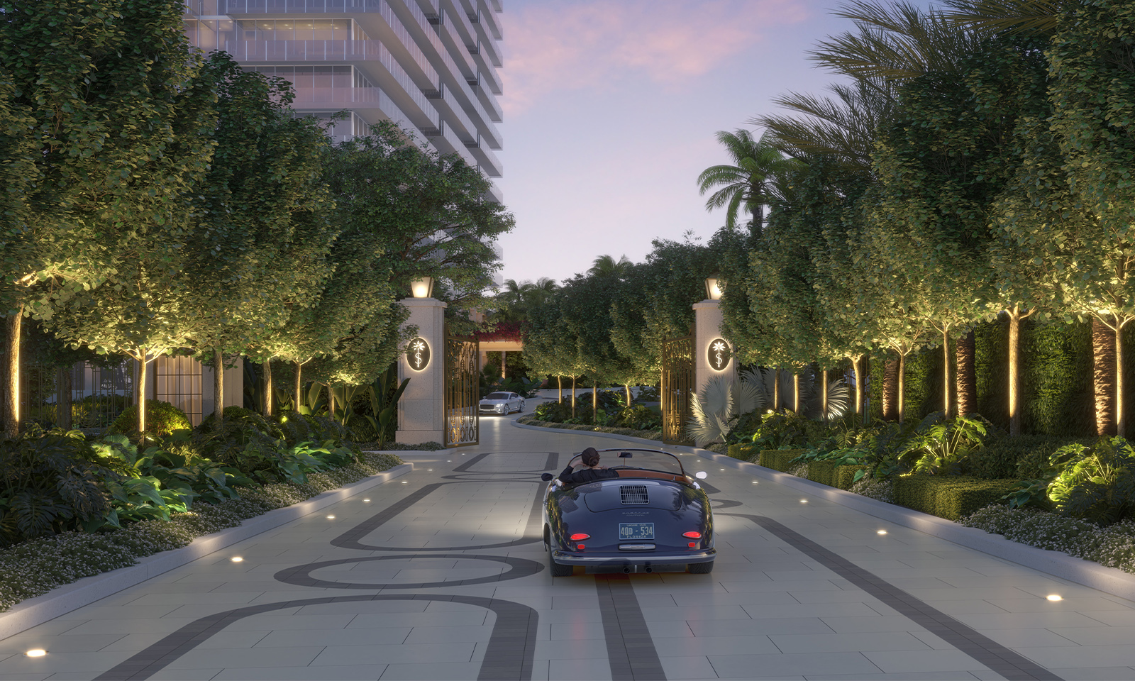 Shell Bay by Auberge, Hallandale Beach scenic drive entry, private arrival to luxury and ultra luxury condos; preconstruction. Featuring entrance.