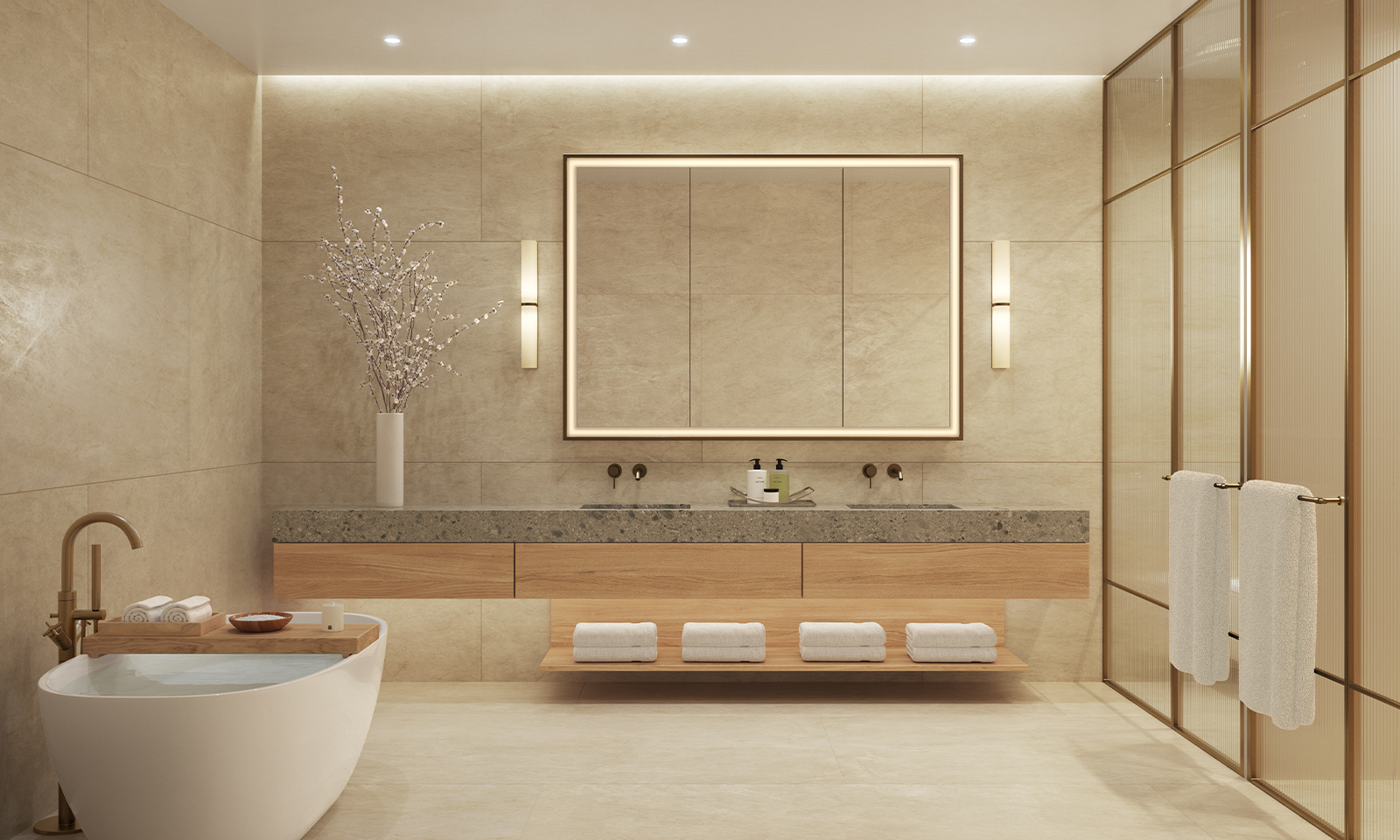Shell Bay by Auberge, Hallandale Beach modern bathroom with marble, spa‑like finishes in luxury and ultra luxury condos; preconstruction. Featuring interior design.