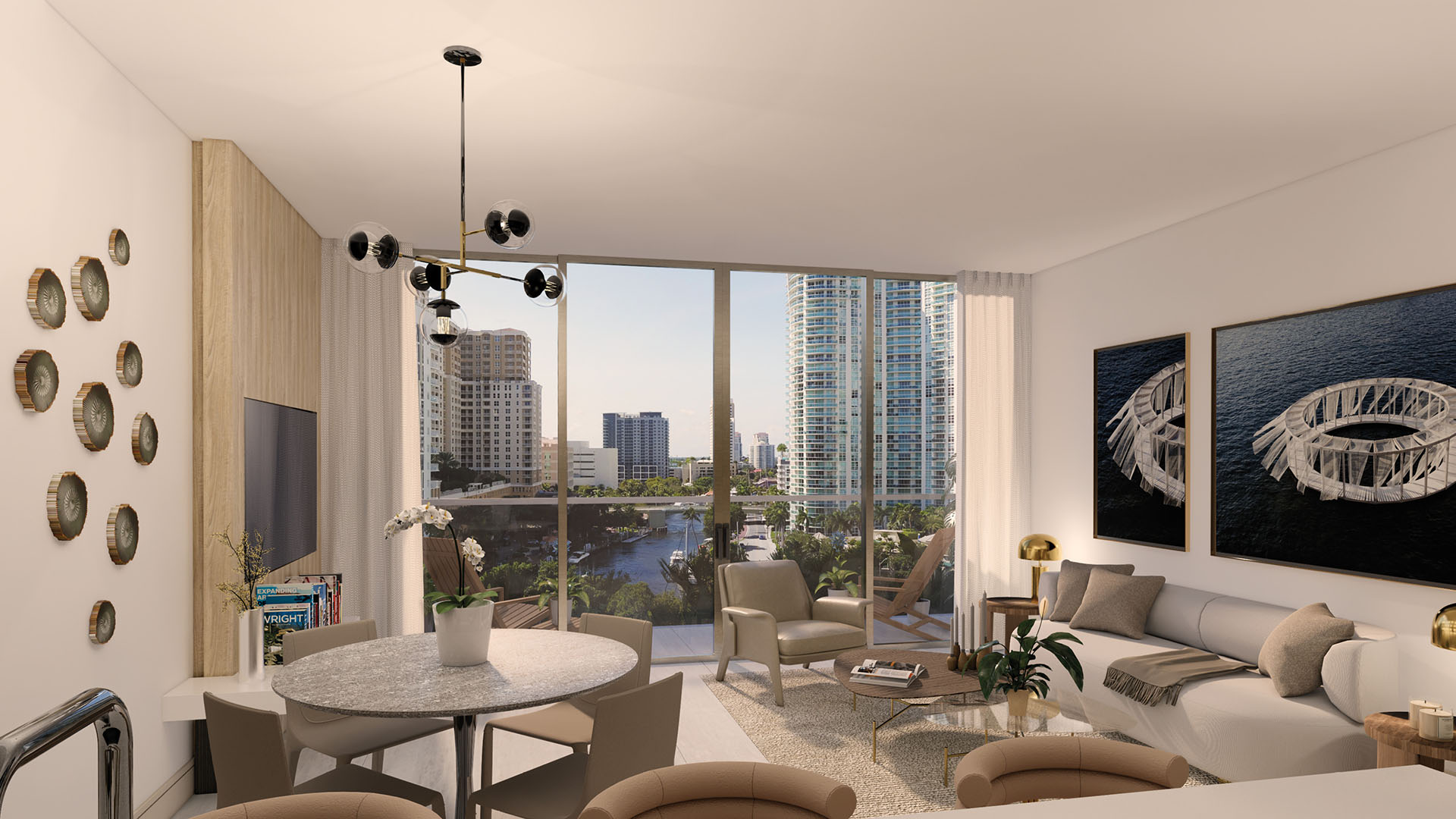 Sixth & Rio luxury and ultra luxury preconstruction condos in Fort Lauderdale, Florida, living room and dining area with beige sofa, gold accents and sliding doors to balcony overlooking the skyline.