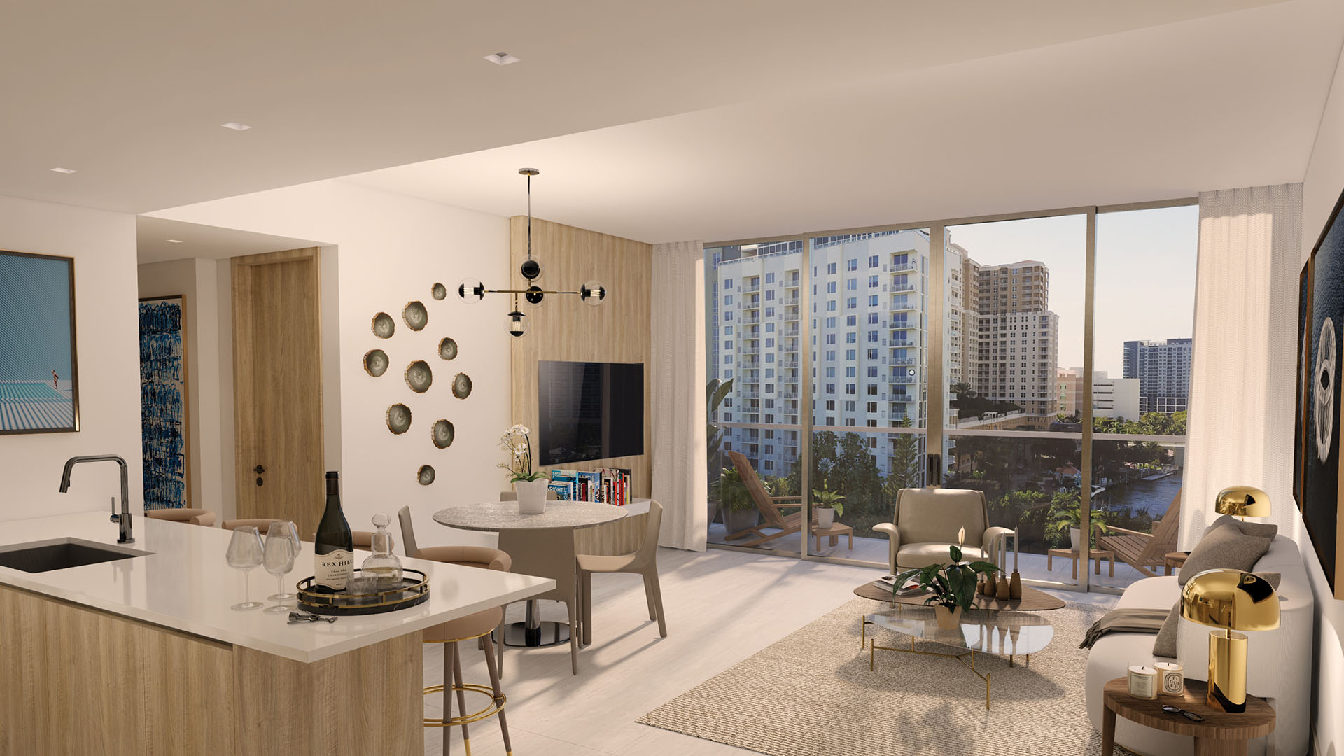 Sixth & Rio luxury and ultra luxury preconstruction condos in Fort Lauderdale, Florida, sunlit open-concept living room, kitchen and dining with island seating and floor-to-ceiling windows facing canal and city skyline.
