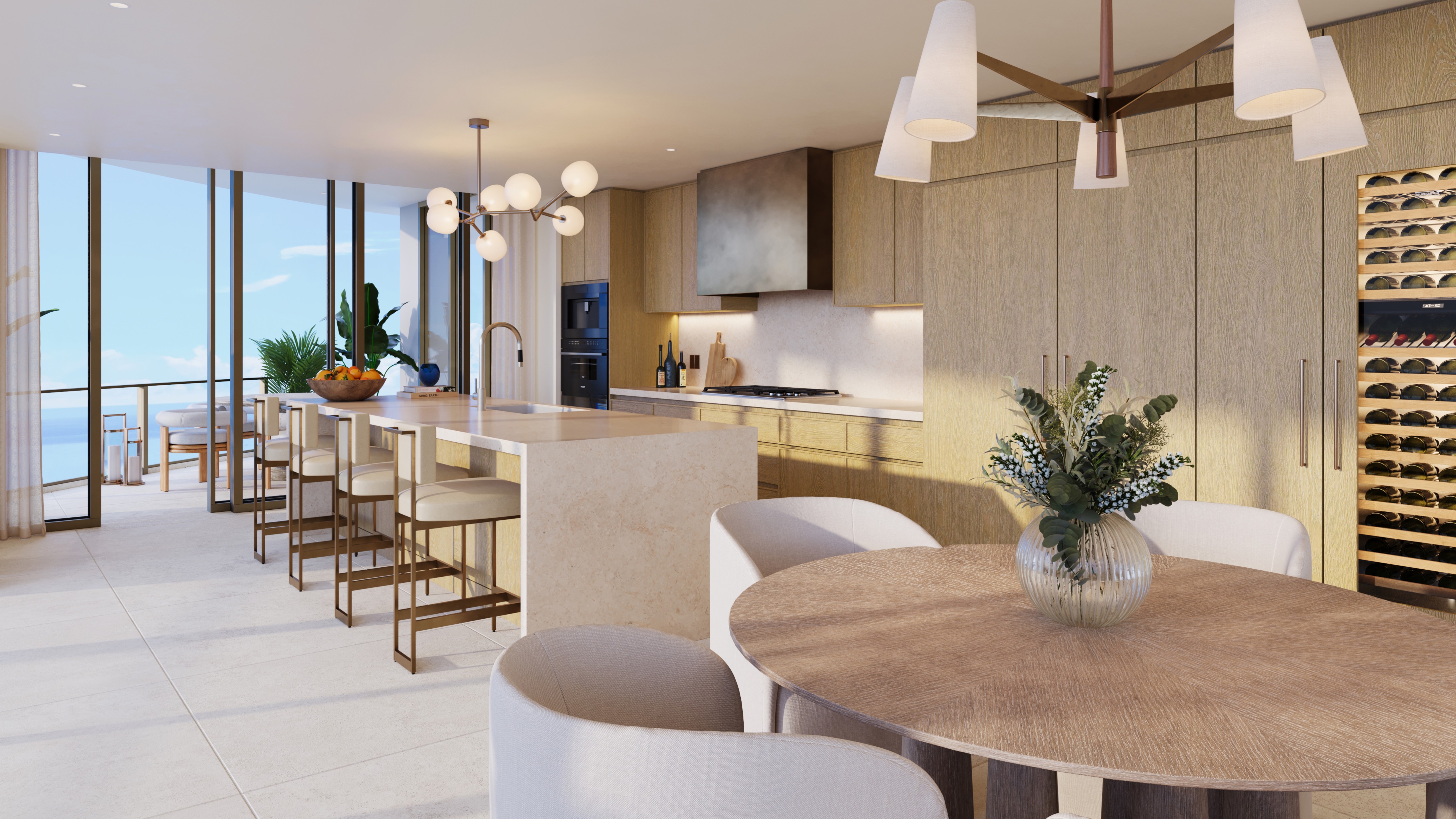 St. Regis Bahia Mar Residences kitchen with ocean view, Fort Lauderdale Beach; luxury gourmet space for ultra luxury condos, preconstruction. Featuring modern interior.