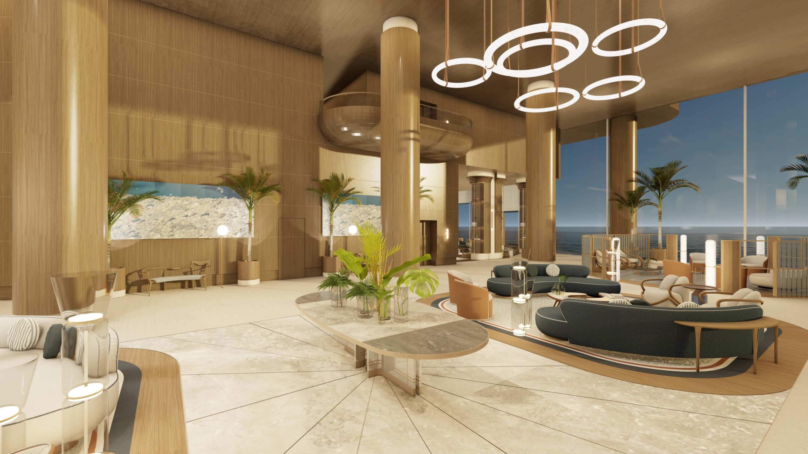 St. Regis Sunny Isles, Sunny Isles Beach hotel‑style lobby with dramatic architecture, grand arrival for luxury and ultra luxury condos; preconstruction. Featuring interior.