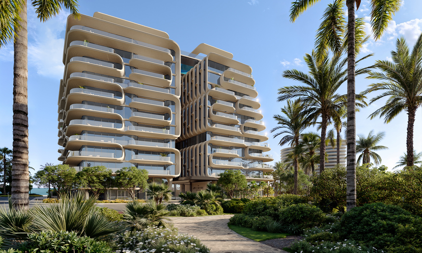 The Delmore, Surfside Miami architectural façade framed by palms, iconic design for ultra luxury and luxury condos; preconstruction. Featuring modern, building, and palm trees.