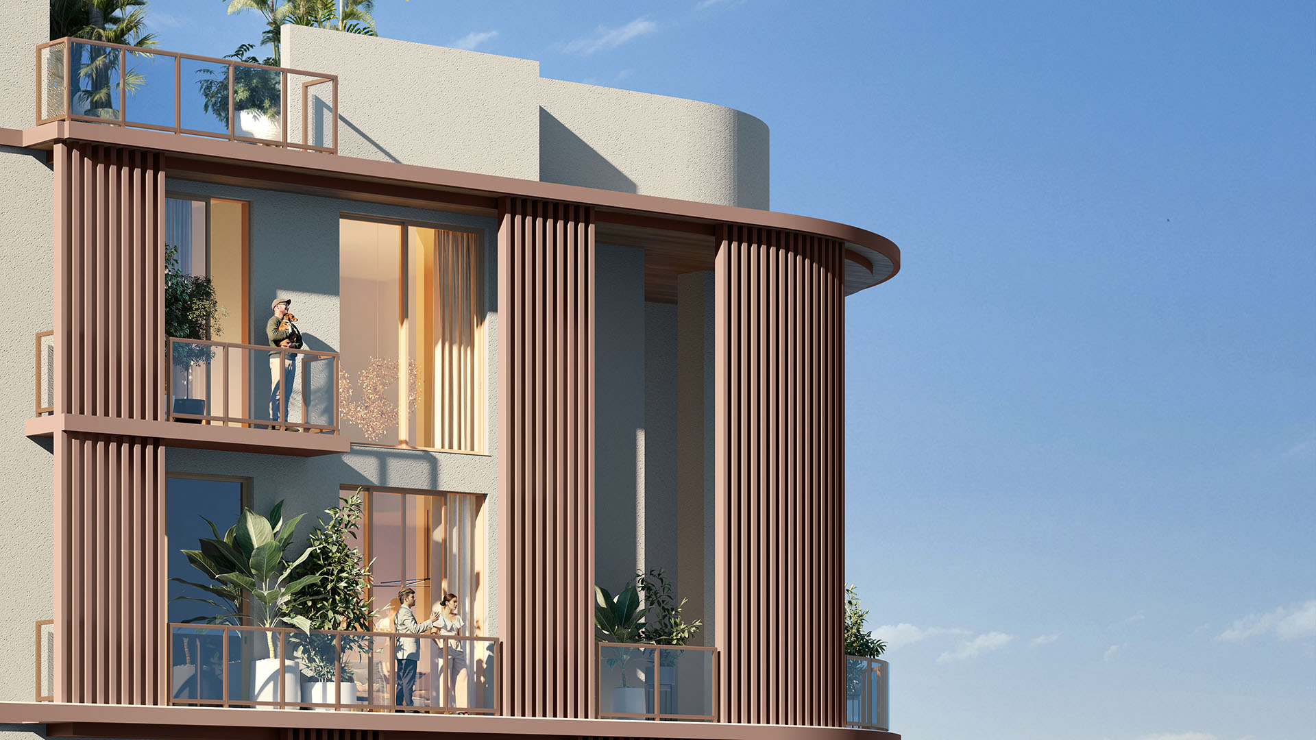Architectural detail of The Lincoln in Coconut Grove, Miami, Florida showing curved corner balconies, vertical wood slats and planters, highlighting luxury and ultra luxury preconstruction condos design with indoor-outdoor living and glass terrace railings.