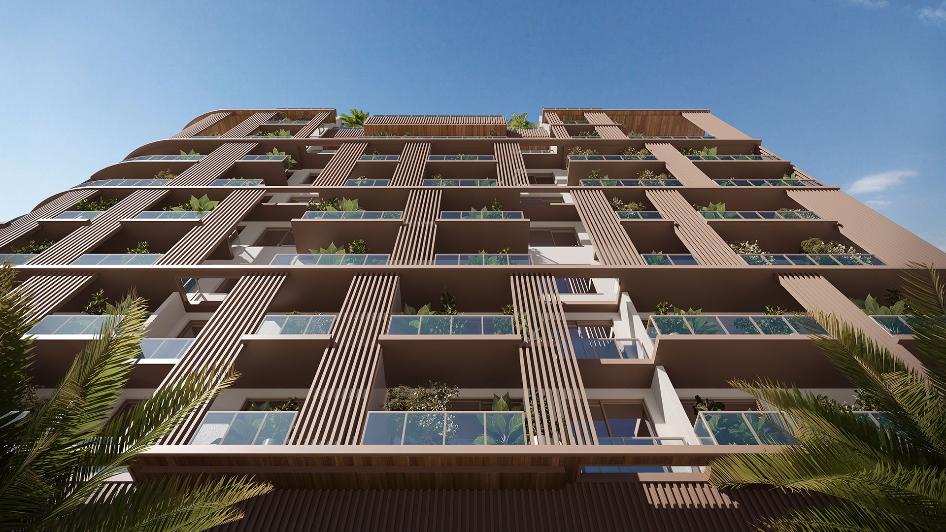 Upward facade view of The Lincoln Coconut Grove, Miami, Florida with stacked balconies, glass railings and vertical wood screens, emphasizing modern luxury and ultra luxury preconstruction condos architecture and private terraces framed by tropical greenery.