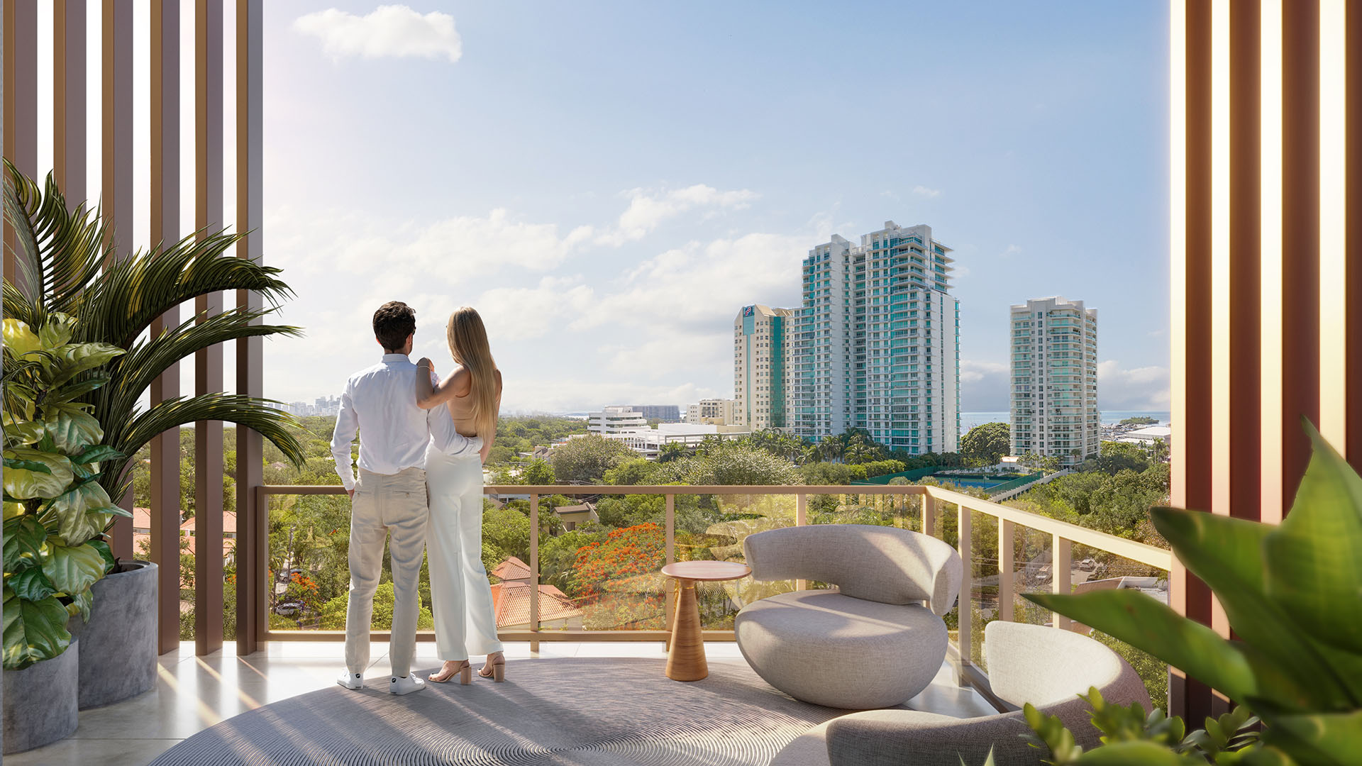 Private residence balcony at The Lincoln Coconut Grove, Miami, Florida with outdoor lounge seating and skyline views, highlighting luxury and ultra luxury preconstruction condos lifestyle with glass railing, shaded terrace screens and indoor-outdoor living overlooking the Grove.
