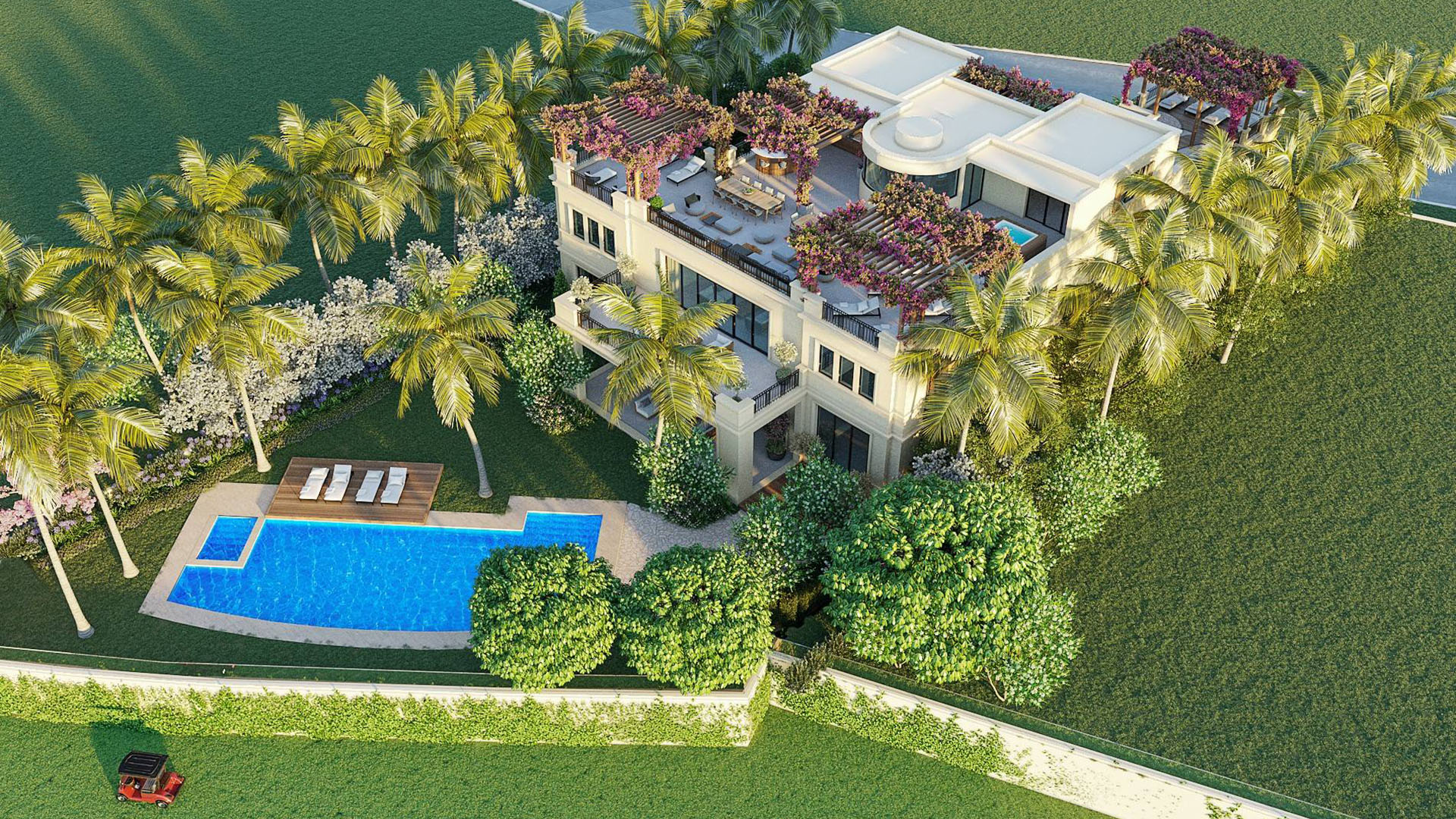 Aerial backyard of The Links Estates on Fisher Island, Miami Beach, Florida, with waterfront pool, palms, and rooftop bougainvillea pergola terraces - luxury and ultra luxury preconstruction condos and villa estate lifestyle.