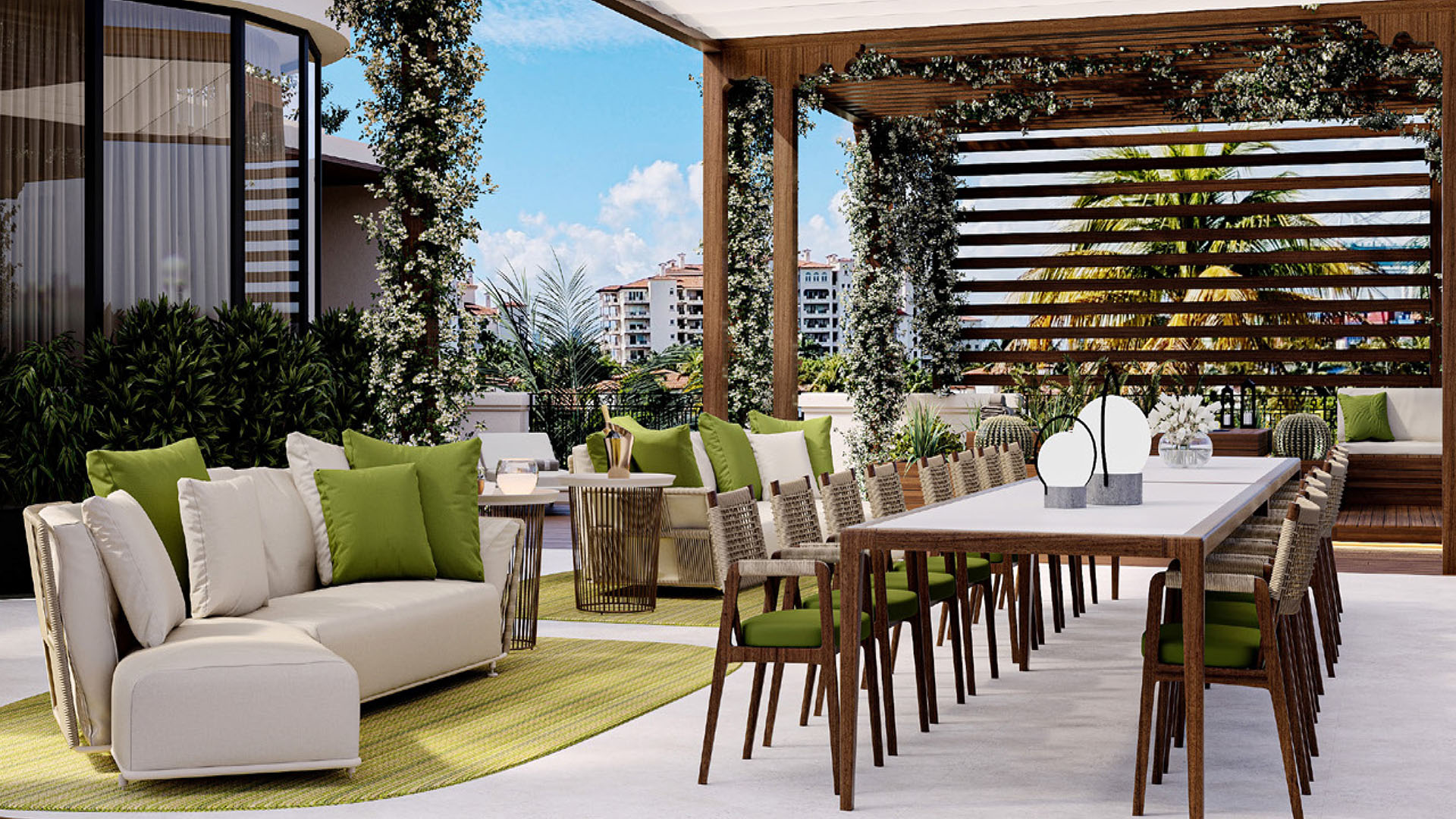 Day terrace dining and lounge at The Links Estates, Fisher Island, Miami Beach, Florida, showing pergola slat roof, long table, green cushions, and skyline views - luxury and ultra luxury preconstruction condos and villa outdoor living.