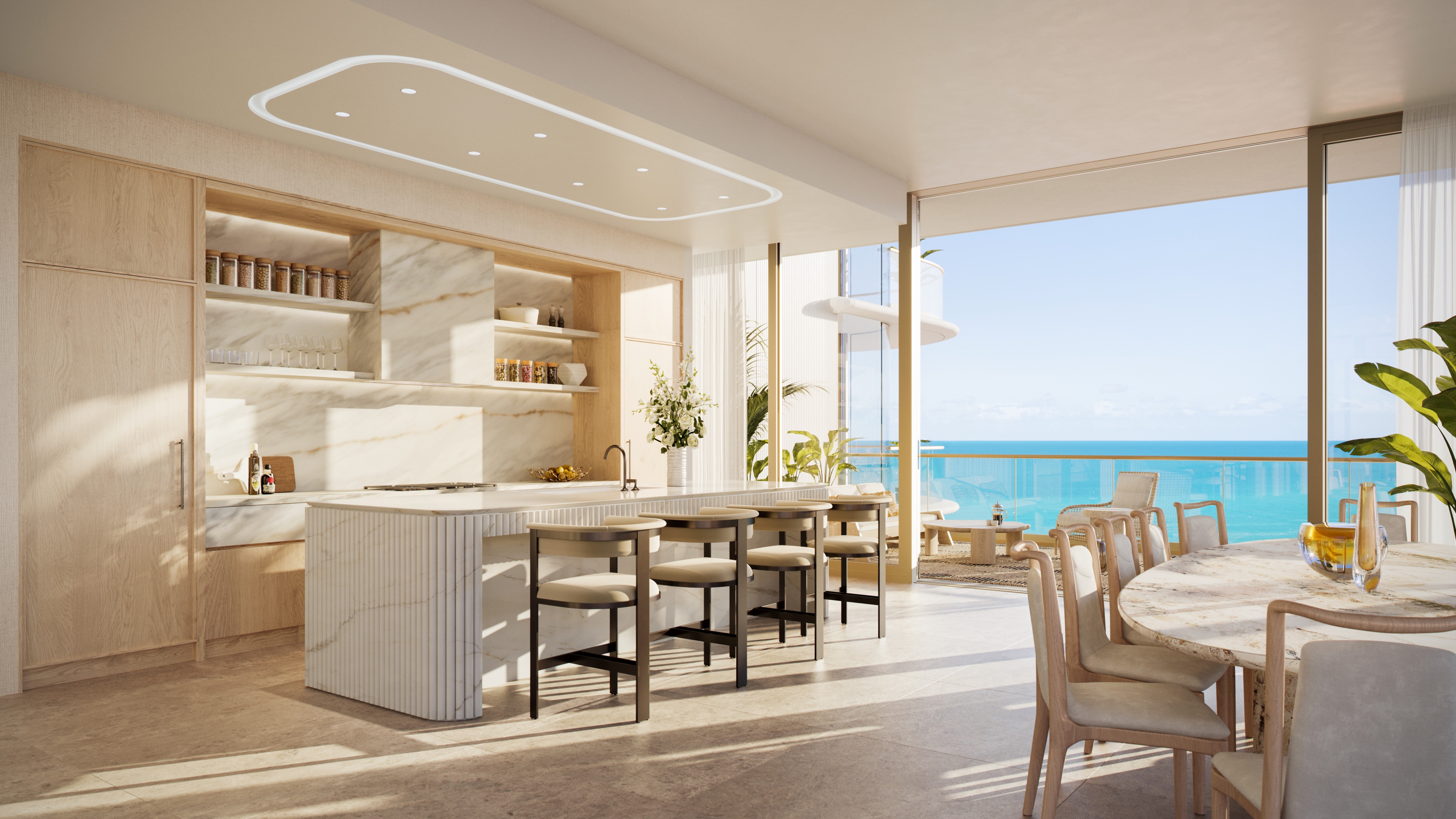 The Perigon Miami Beach beachfront kitchen interior with ocean horizon. Miami Beach luxury and ultra luxury condos, preconstruction. Featuring modern.