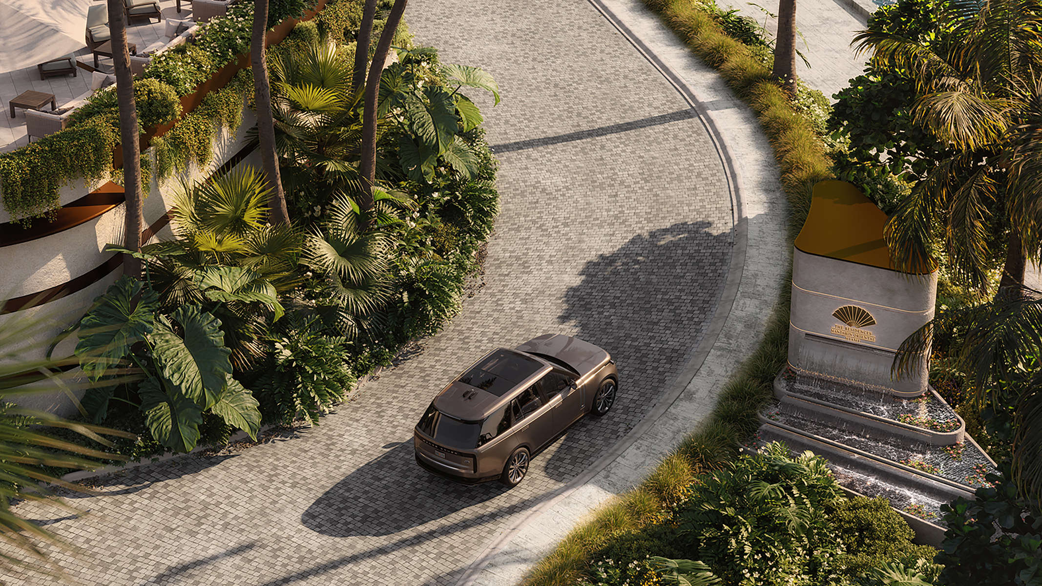Grand urban drive framed by palms at The Residences at Mandarin Oriental, Miami Tower Two, ultra luxury condos in preconstruction, luxury arrival experience on Brickell Key, Miami. Featuring Palm and landscape.