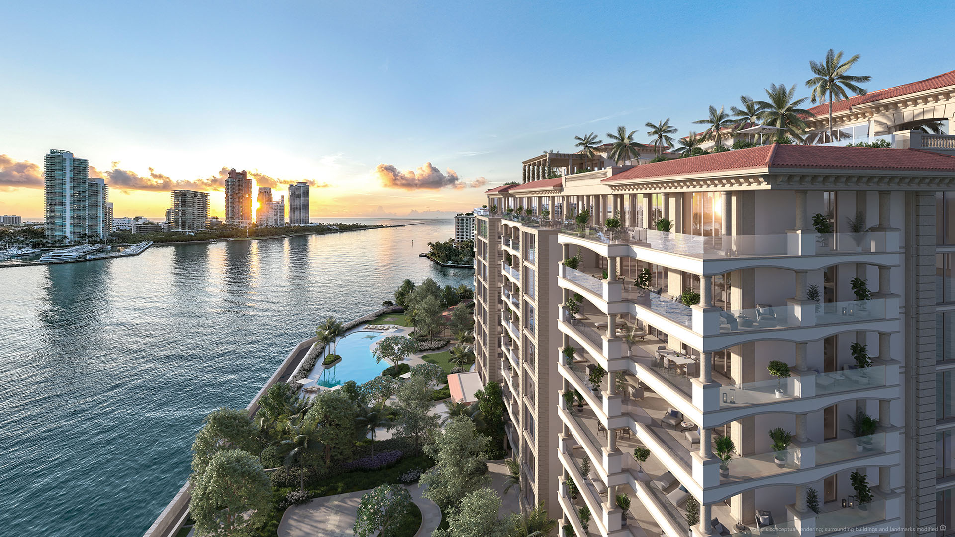 Hummingbird Residence balcony view at The Residences at Six Fisher Island, Fisher Island Miami Beach, Florida, sunrise over Government Cut and Miami Beach skyline with pool gardens below, showcasing luxury and ultra luxury preconstruction condos.