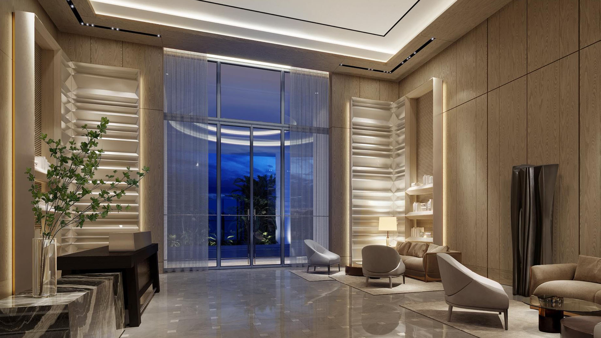 Double-height residential lobby with warm wood paneling and modern lounge seating at The Ritz-Carlton Residences Palm Beach Gardens, Palm Beach Gardens, Florida, highlighting luxury and ultra luxury preconstruction condos with refined finishes.