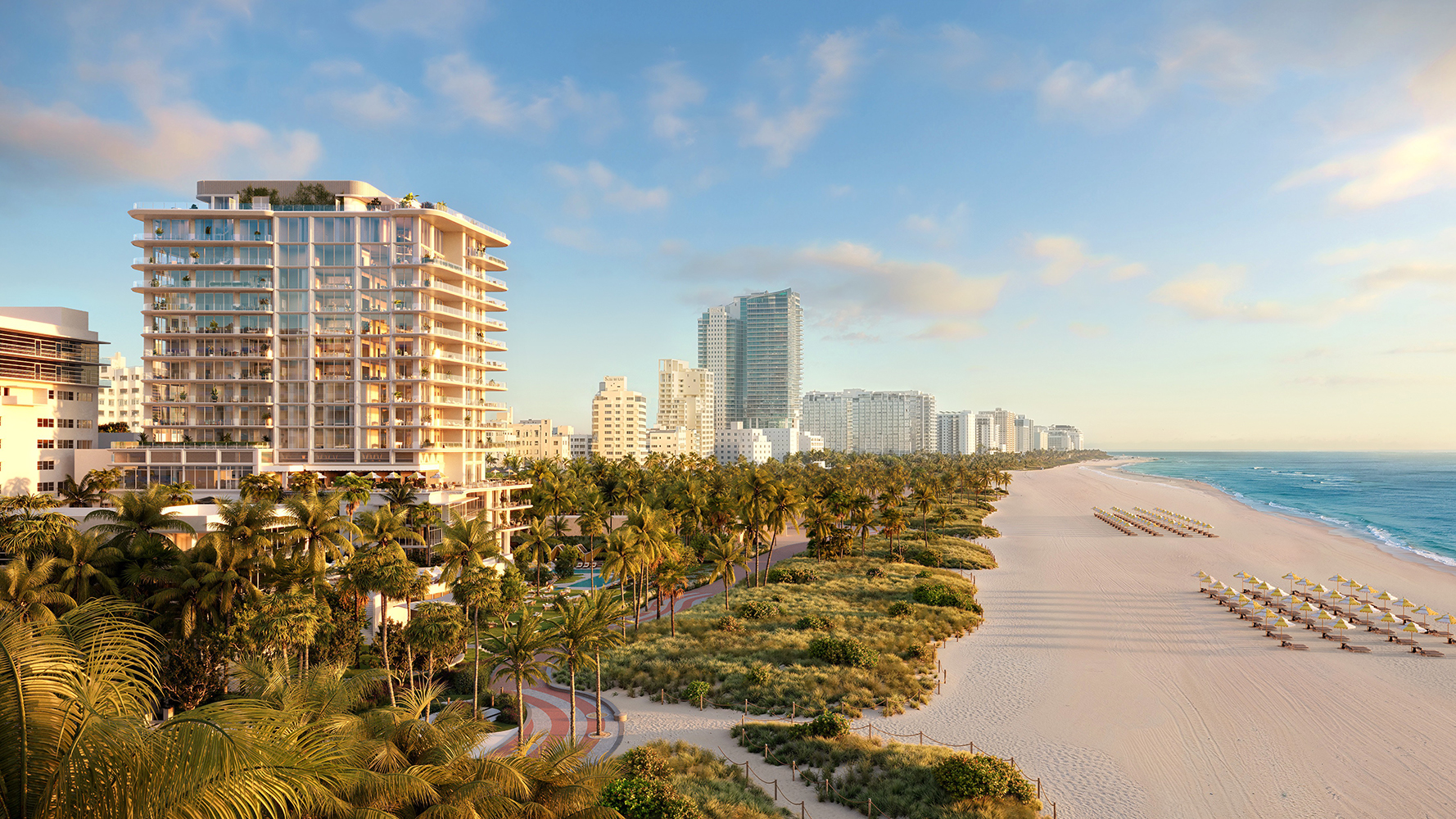 The Ritz‑Carlton South Beach sunrise skyline over Miami Beach, oceanfront landmark amid luxury and ultra luxury condos; resale.