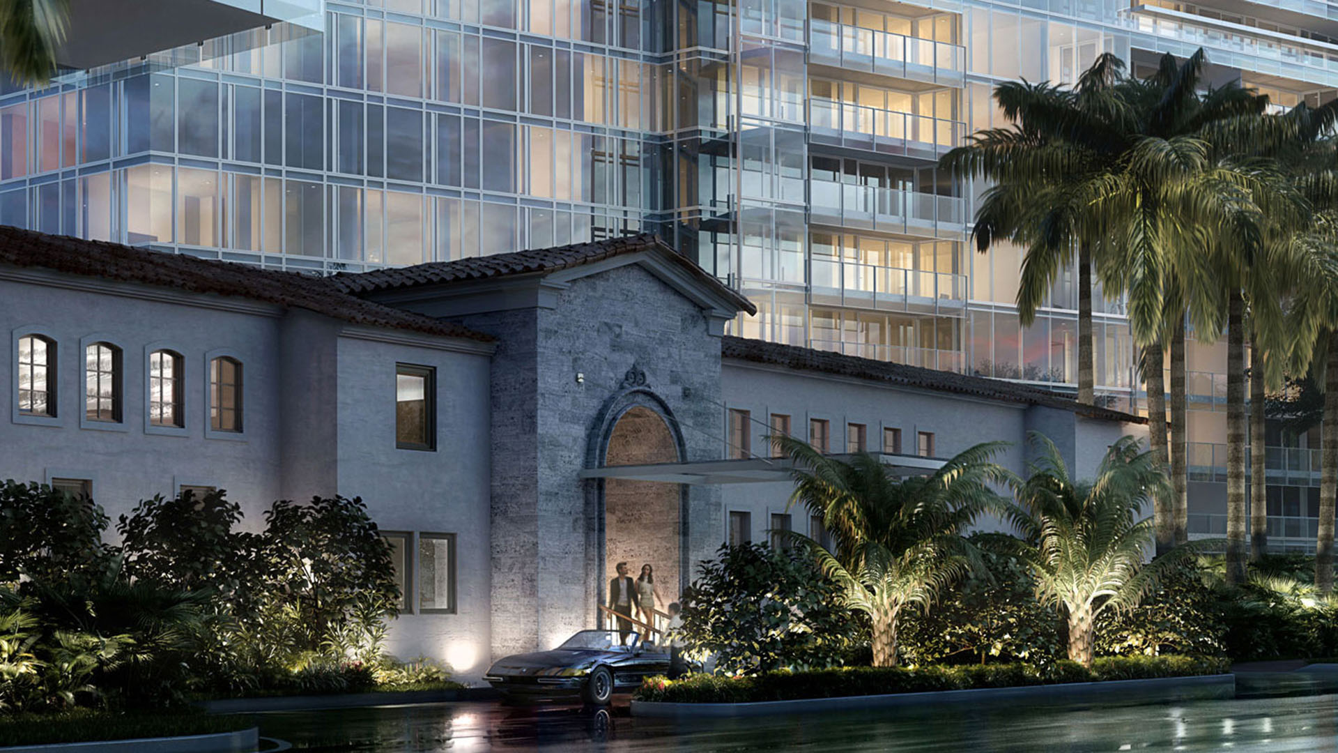 Arched entry arrival scene set beneath a glass tower and palms at The Surf Club Four Seasons, Fort Lauderdale luxury and ultra luxury condos.