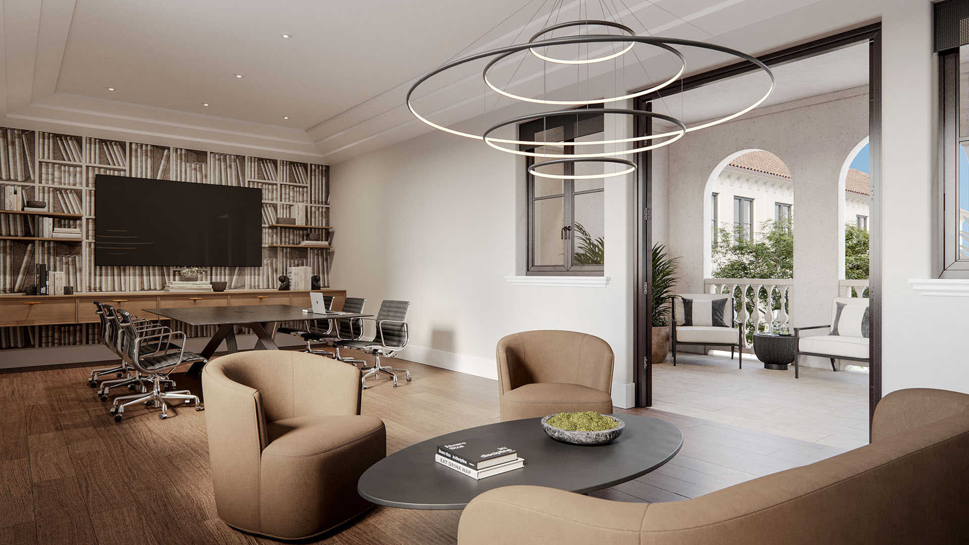 The Village at Coral Gables business center in Coral Gables, Miami featuring conference table, media screen and ring pendant lighting opening to an arched balcony lounge; luxury and ultra luxury preconstruction condos amenities.