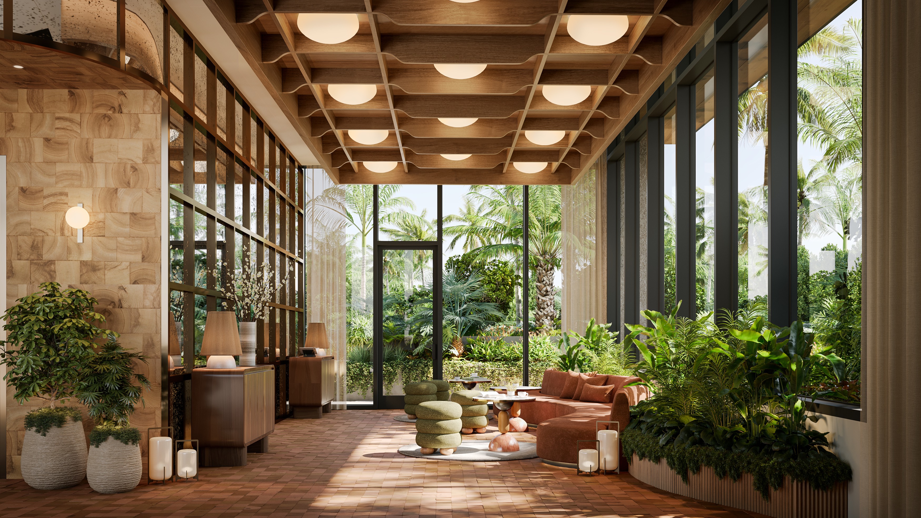 THE WELL Coconut Grove, Miami living space with garden view, indoor‑outdoor calm in luxury and ultra luxury condos; preconstruction. Featuring modern interior.