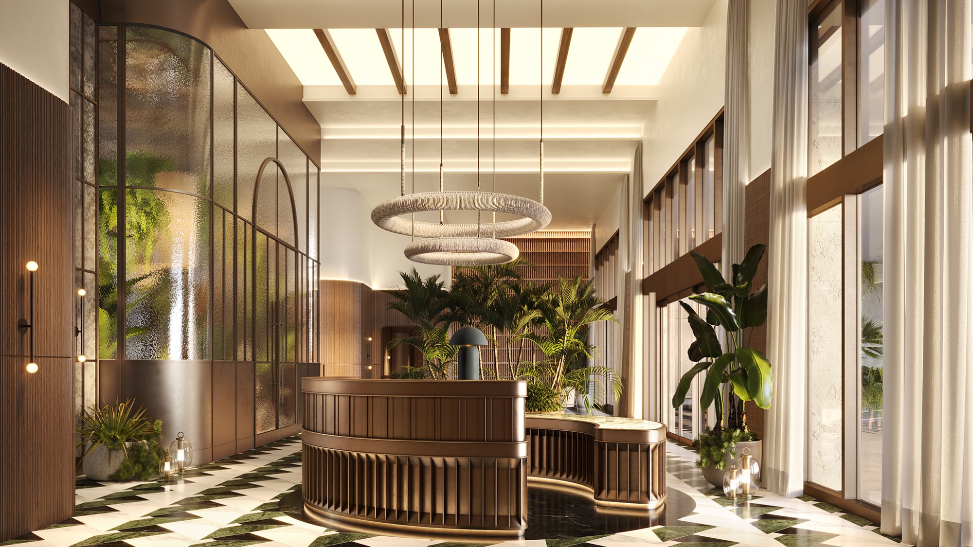 THE WELL Coconut Grove, Miami grand lobby with sculptural décor, boutique arrival for luxury and ultra luxury condos; preconstruction. Featuring modern interior design.