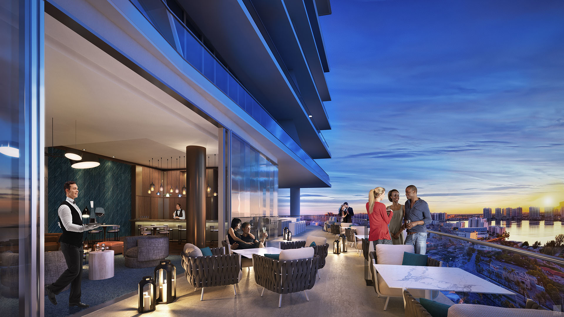 Turnberry Ocean Club in Sunny Isles Beach luxury and ultra luxury condos showcase a sunset lounge terrace with outdoor seating, service staff, and skyline views at dusk.