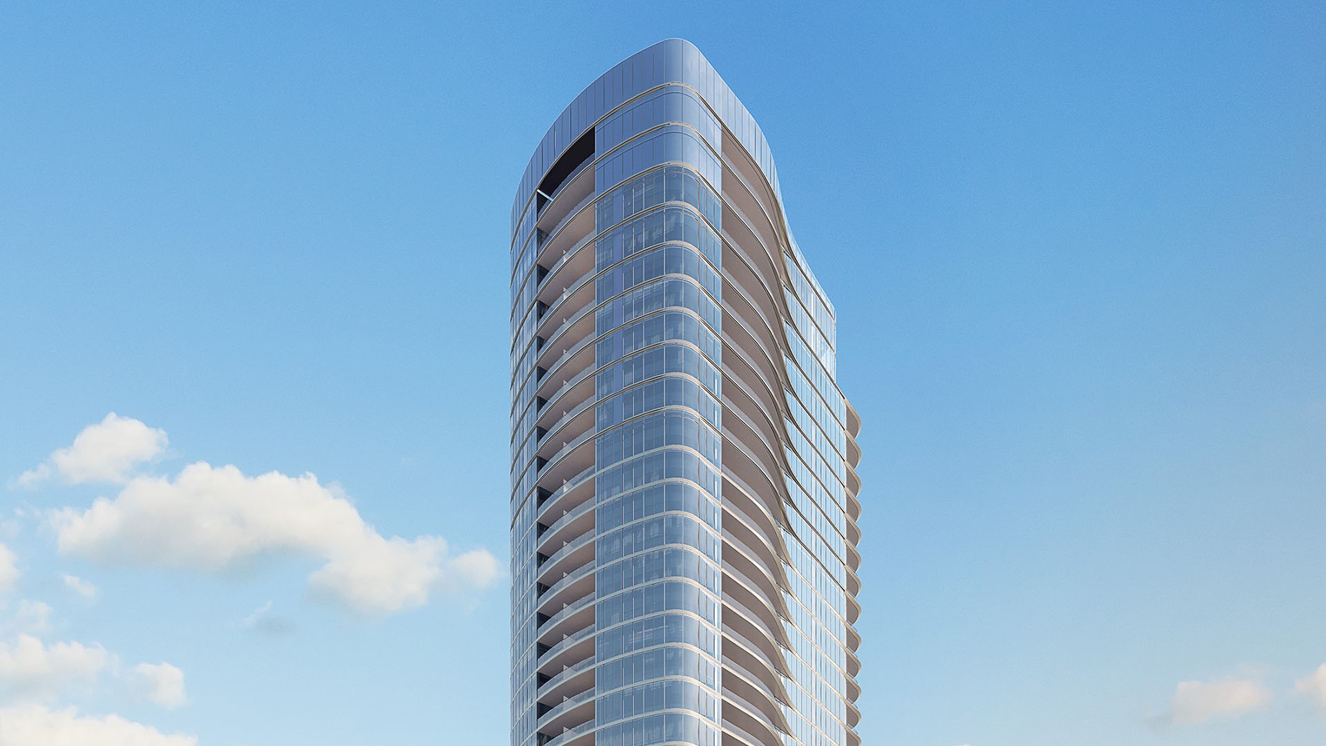 Una Residences Brickell, Miami waterfront condominium tower exterior in daylight with rounded glass balconies and sleek facade, representing luxury and ultra luxury preconstruction condos on the Biscayne Bay shoreline.