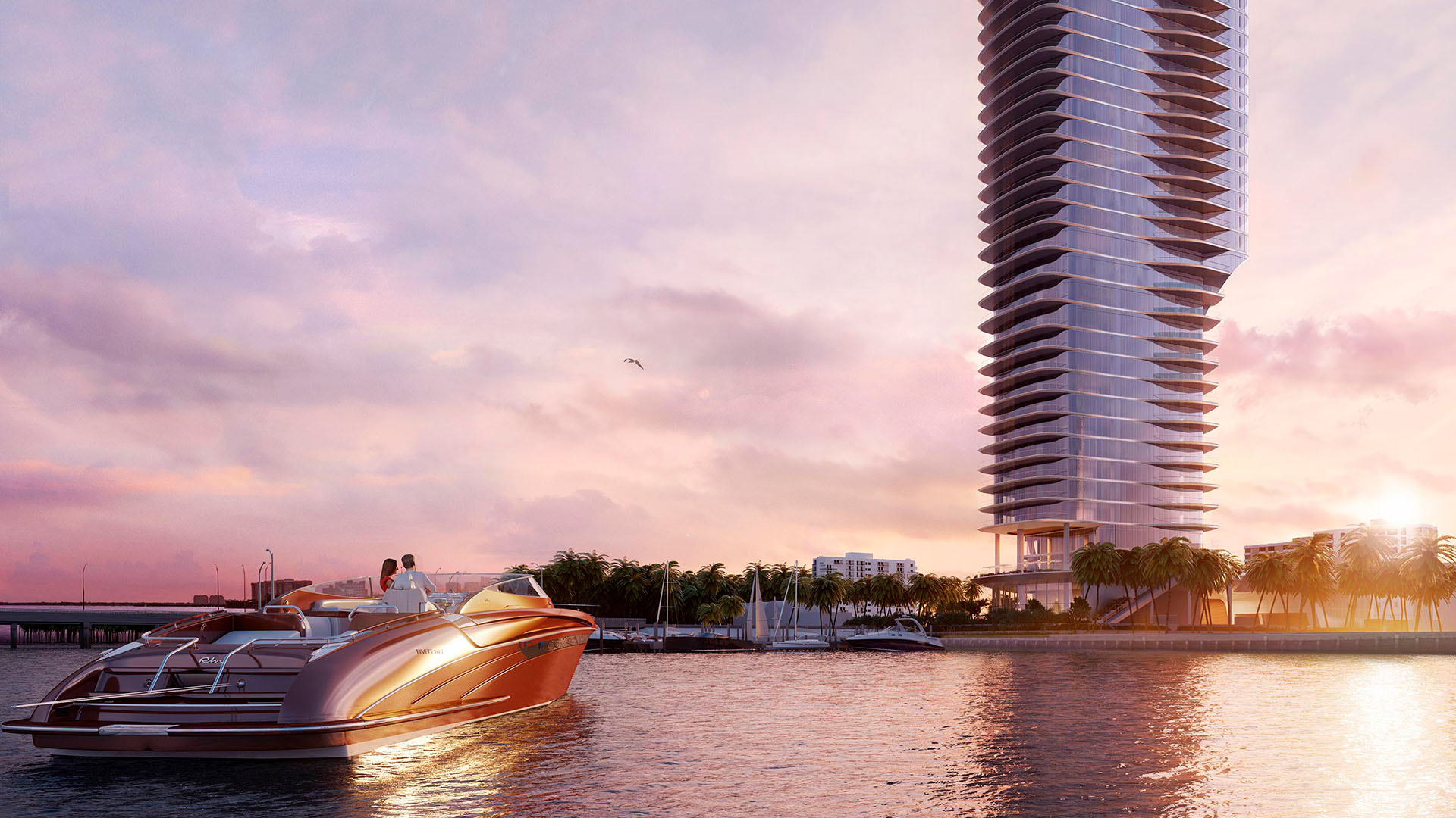 Una Residences Brickell, Miami waterfront tower and speedboat on Biscayne Bay at sunset, capturing the luxury and ultra luxury preconstruction condos lifestyle with marina access and iconic coastal skyline views.