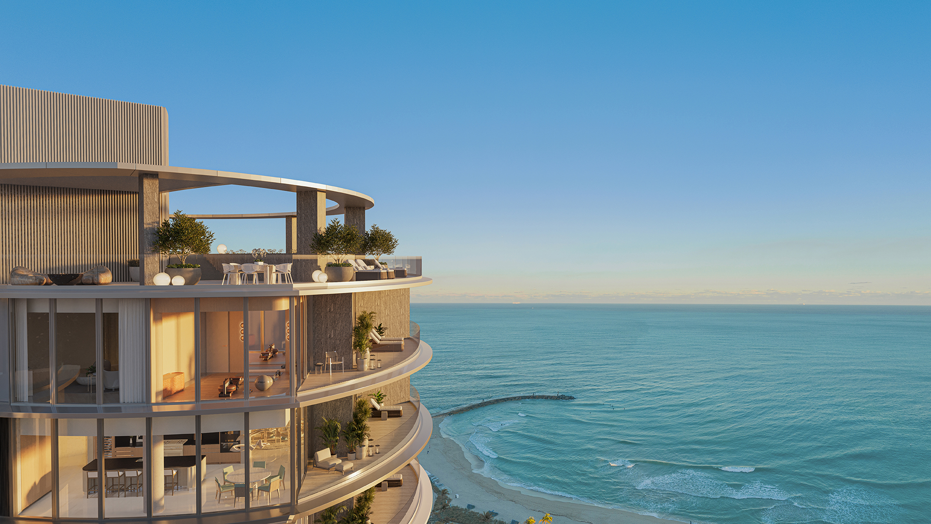 Upper Penthouse Rivage in Bal Harbour luxury and ultra luxury condos curved exterior with penthouse terraces, glass walls, outdoor seating, beachfront shoreline, and ocean view.
