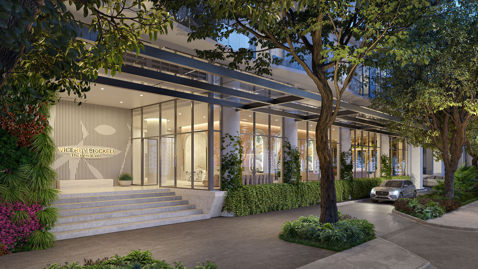 Viceroy Brickell The Residences in Brickell, Miami, luxury and ultra luxury preconstruction condos with a landscaped porte cochere arrival, canopy, glass facade, entry steps, and a car at the curb.