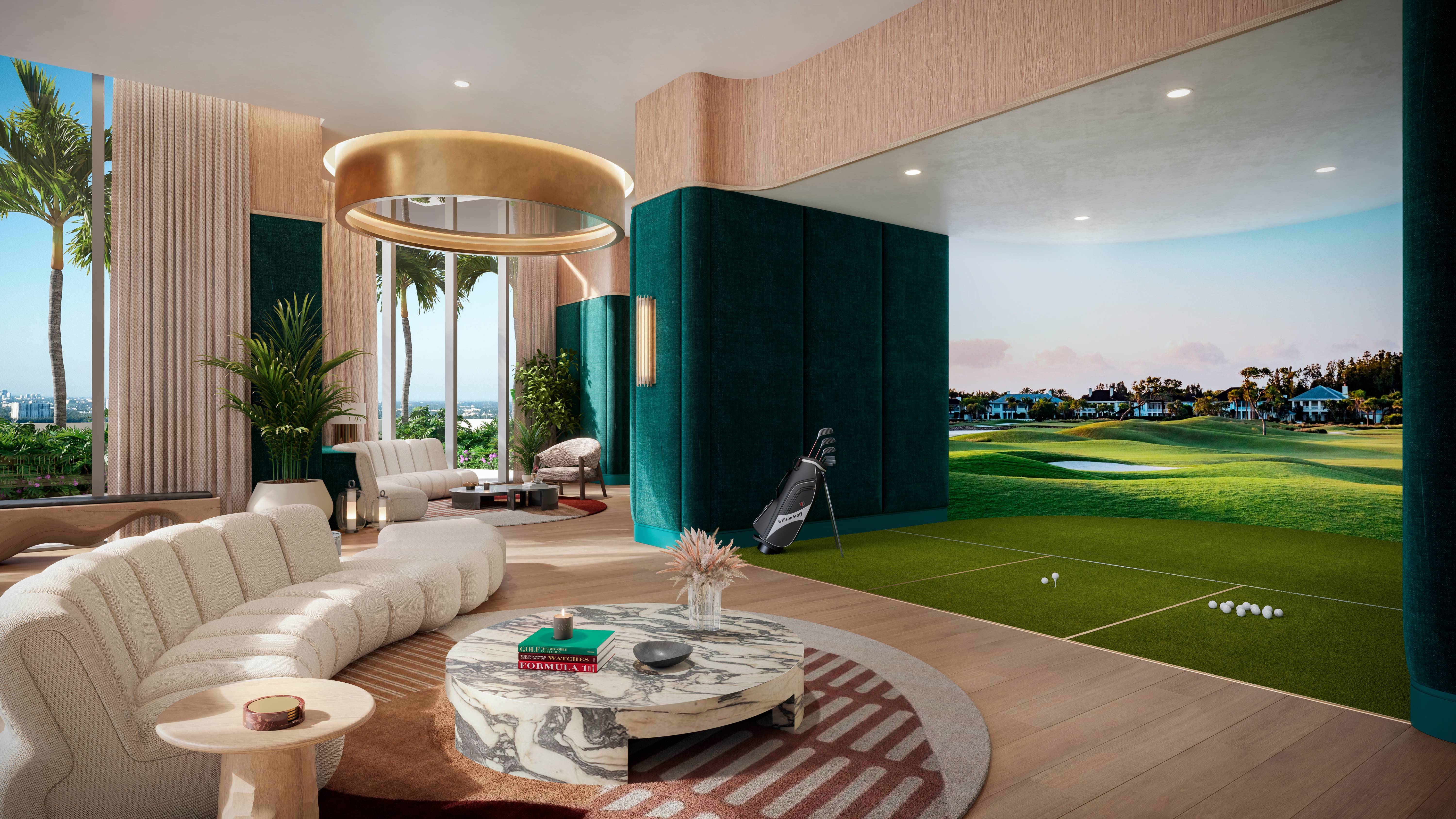 W Pompano Beach Residences golf lounge living room, showcasing luxury and ultra luxury preconstruction condos entertainment space.