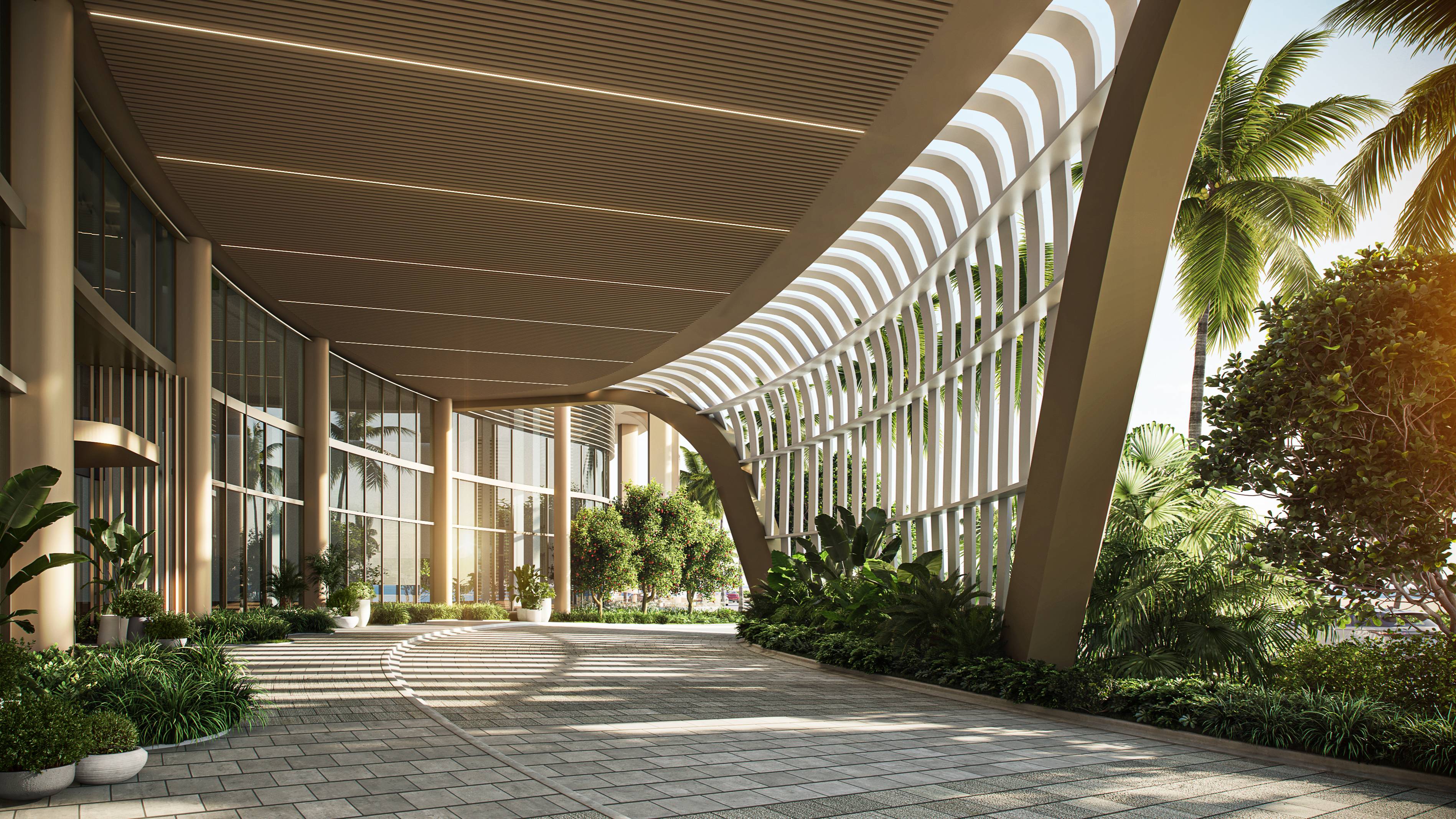 W Pompano Beach Residences modern architectural entryway, showcasing luxury and ultra luxury preconstruction condos arrival experience.