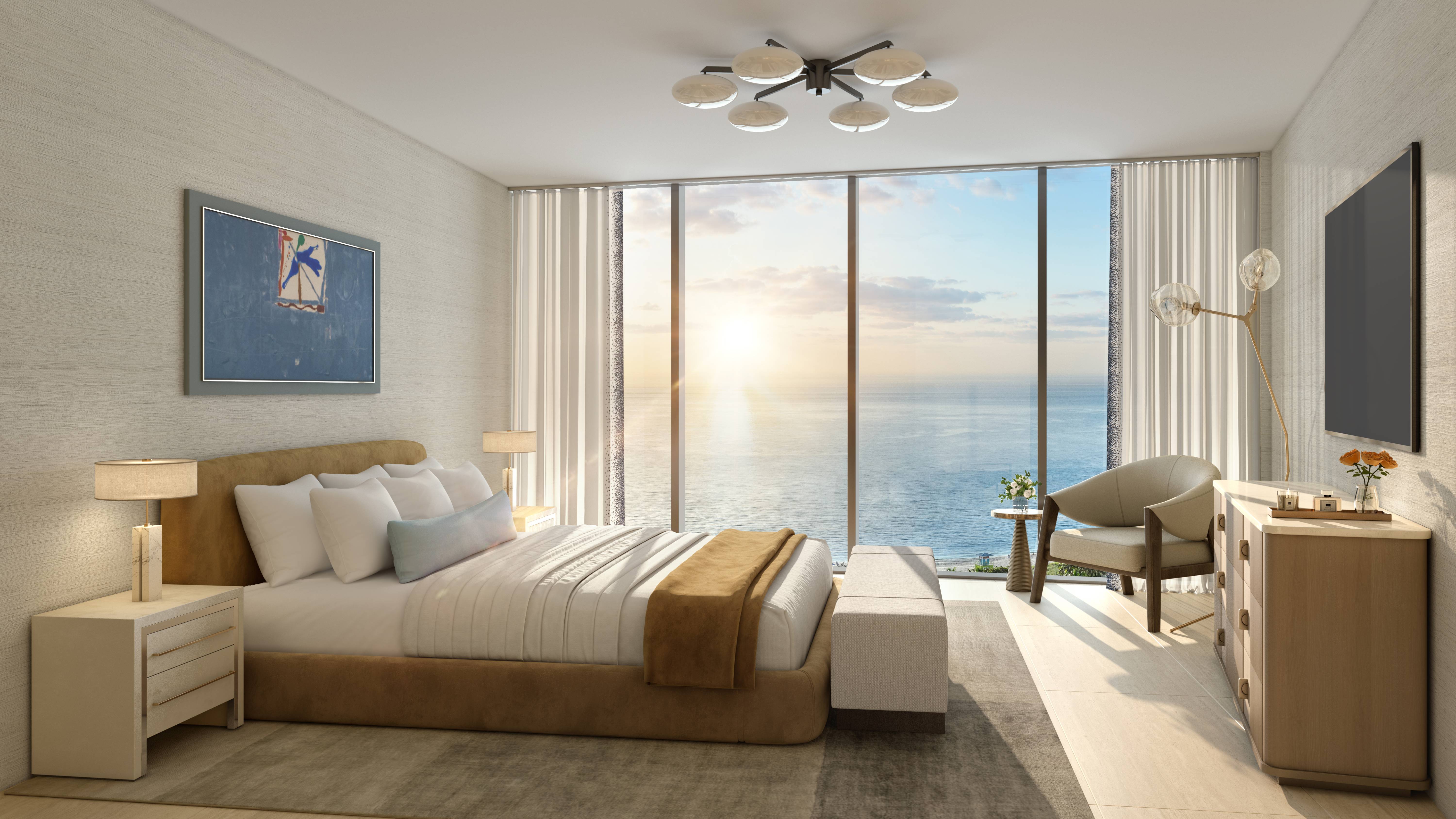 W Pompano Beach Residences bedroom with ocean view at sunrise, showcasing luxury and ultra luxury preconstruction condos. Featuring modern.