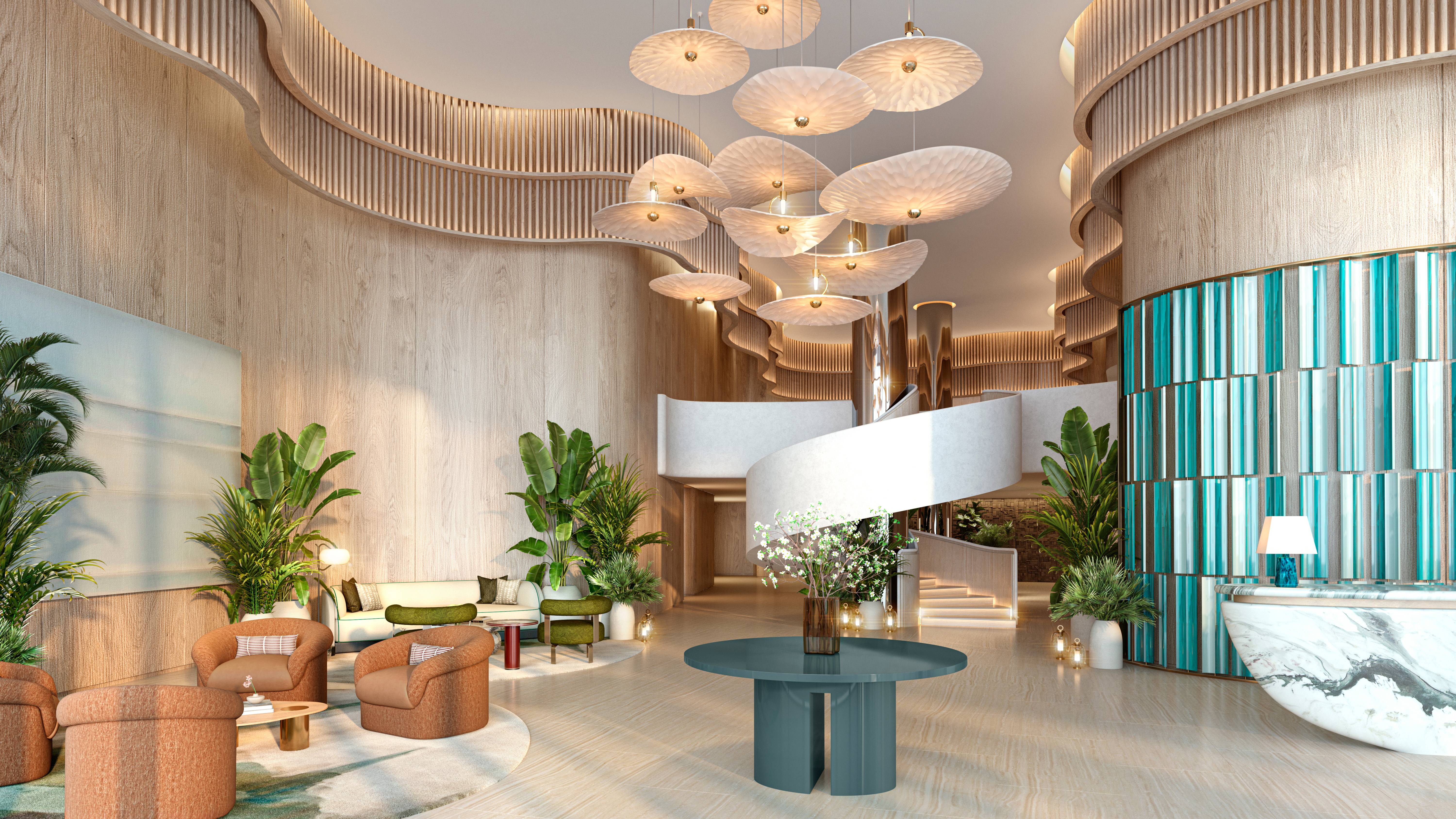 W Pompano Beach Residences modern lobby design, luxury and ultra luxury amenity for preconstruction condos. Featuring interior.