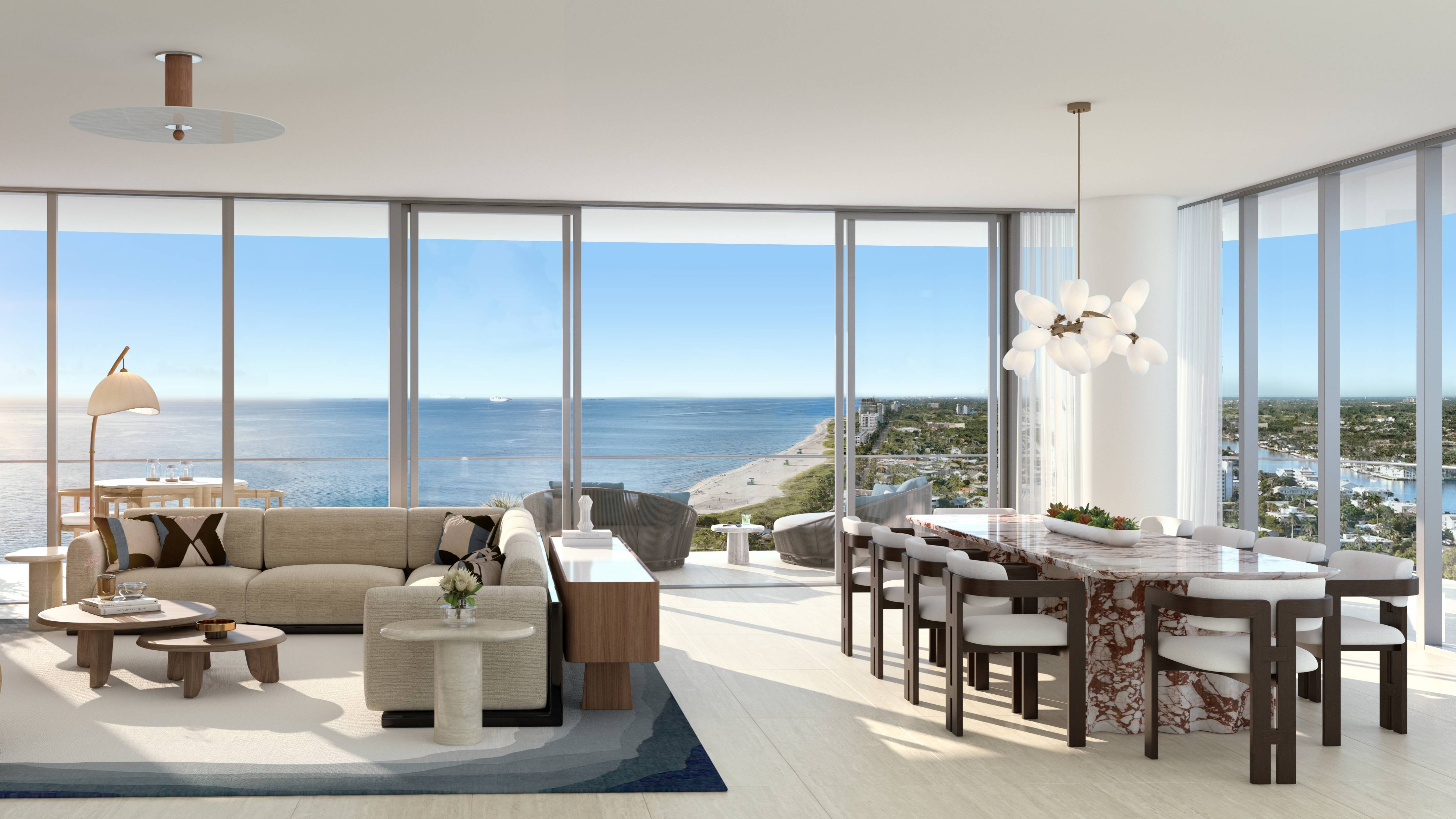 W Pompano Beach Residences modern oceanfront living room interior, luxury and ultra luxury preconstruction condos design.