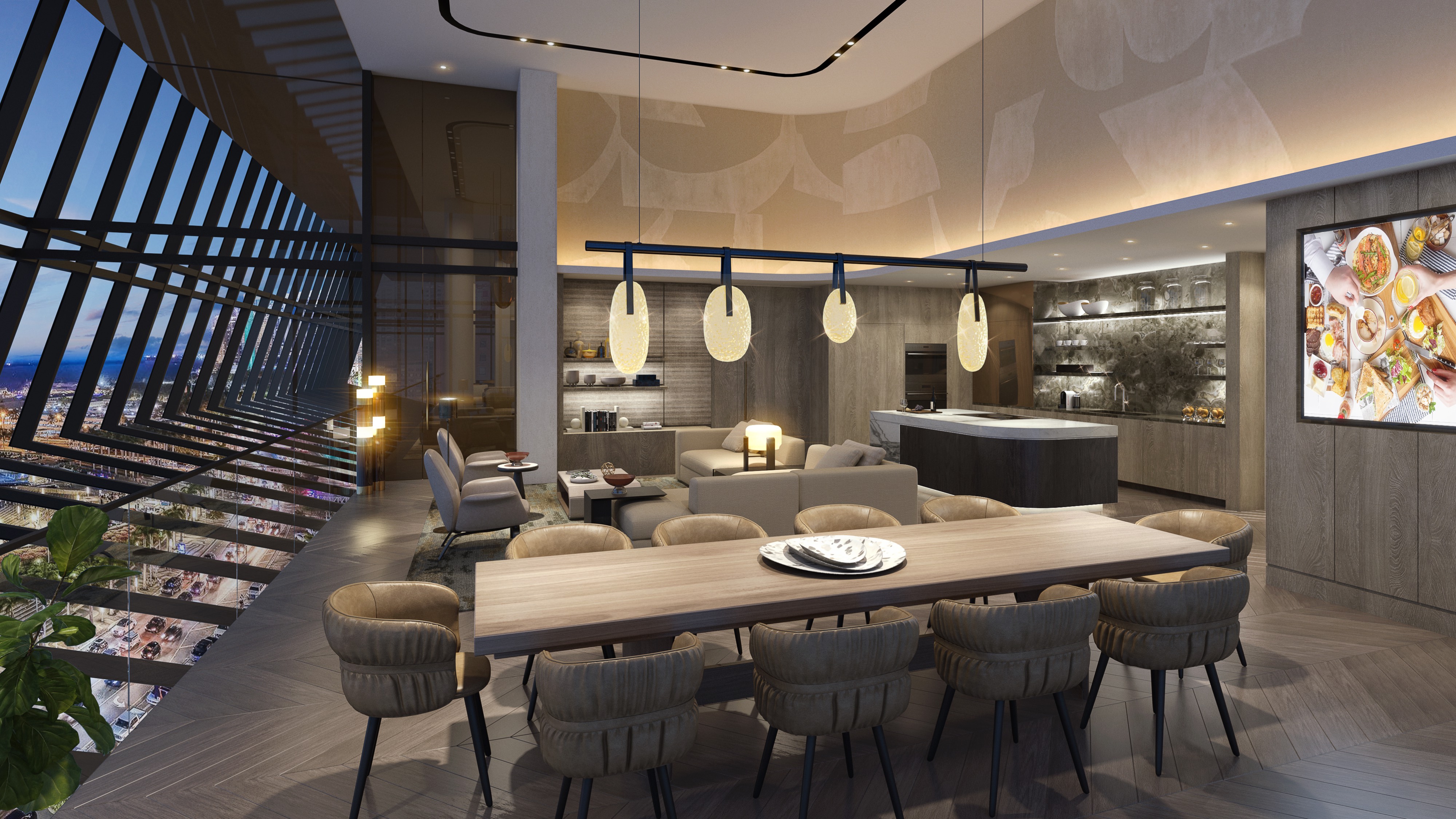 Waldorf Astoria Residences Miami, Downtown intimate dining space with skyline glow, urban luxury and ultra luxury condos; preconstruction. Featuring interior.