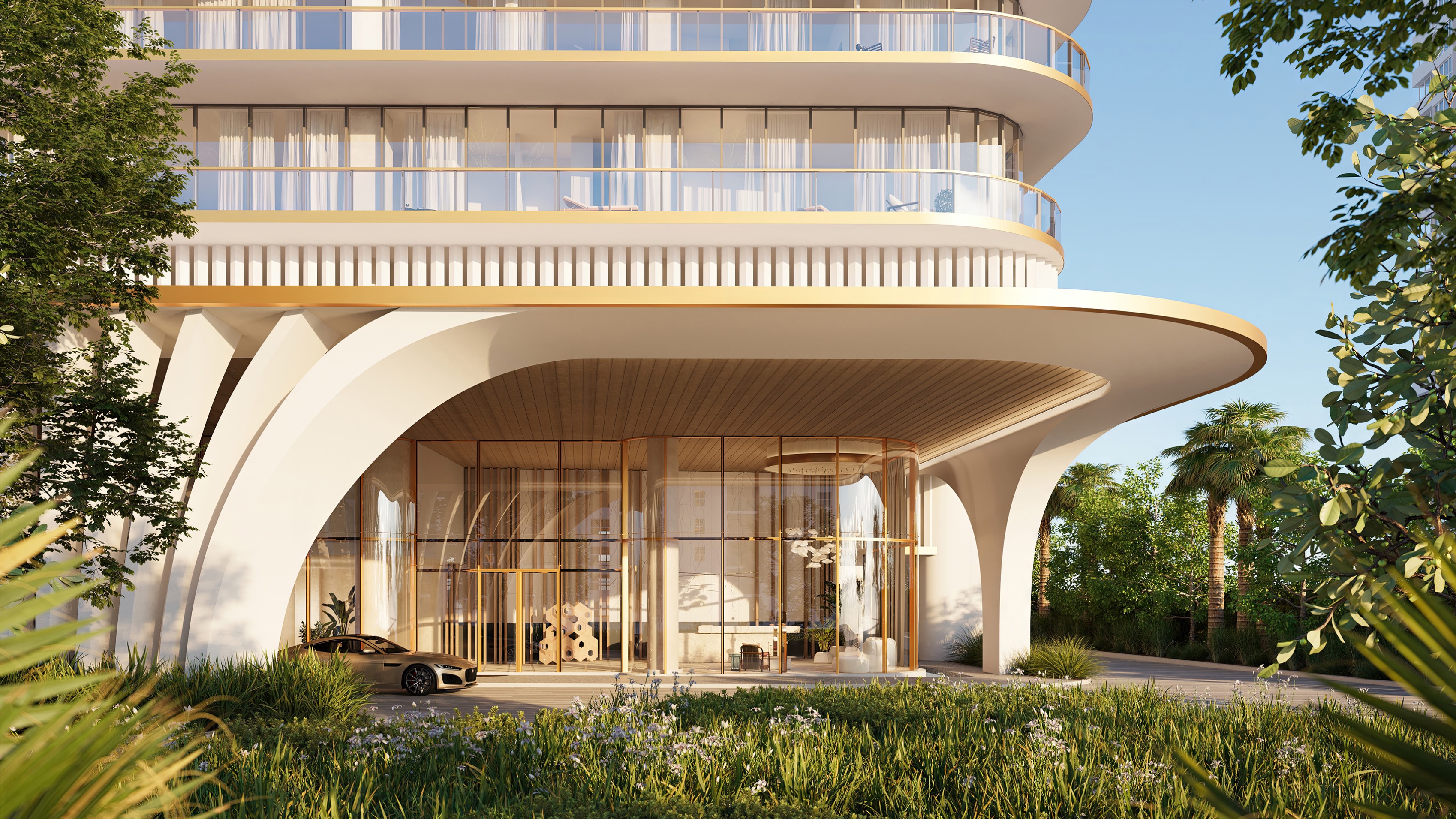 Waldorf Astoria Residences Pompano Beach, Florida grand architectural entrance with valet and palms, signature arrival for luxury and ultra luxury condos; preconstruction. Featuring modern.