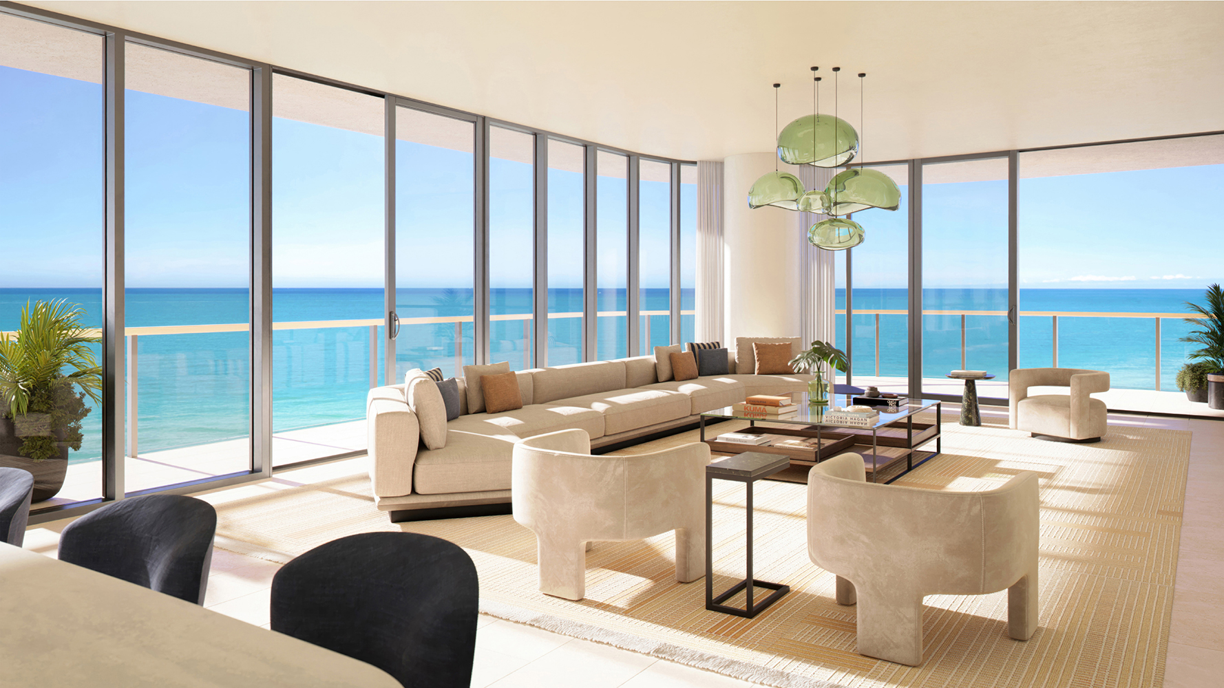 Waldorf Astoria Residences Pompano Beach ocean‑view living room, curved sofa and glass walls. Broward coastline lifestyle in luxury and ultra luxury condos; preconstruction. Featuring modern.