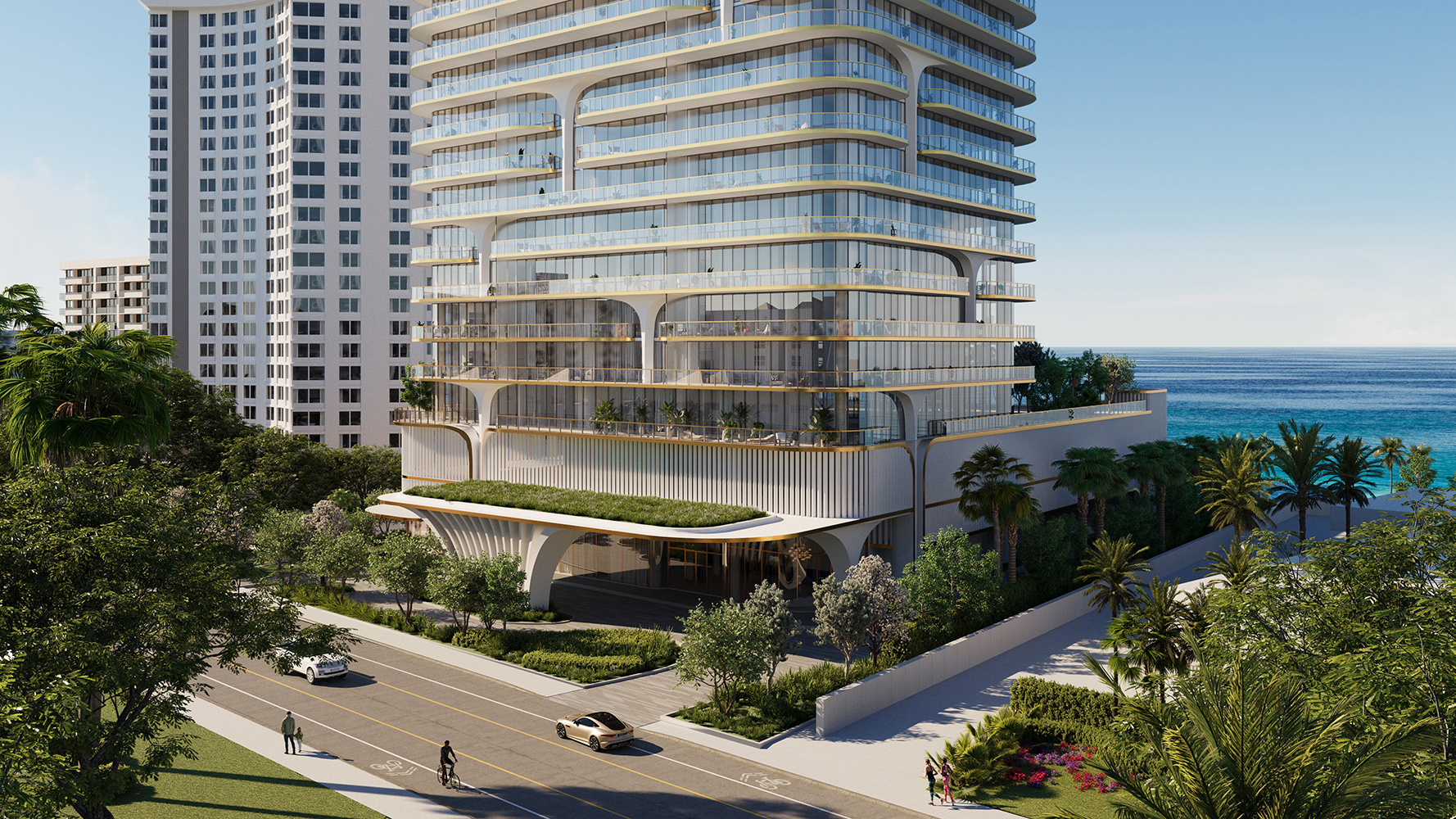 Waldorf Astoria Residences Pompano Beach modern oceanfront building architecture with tiered terraces, landmark for luxury and ultra luxury condos; preconstruction.